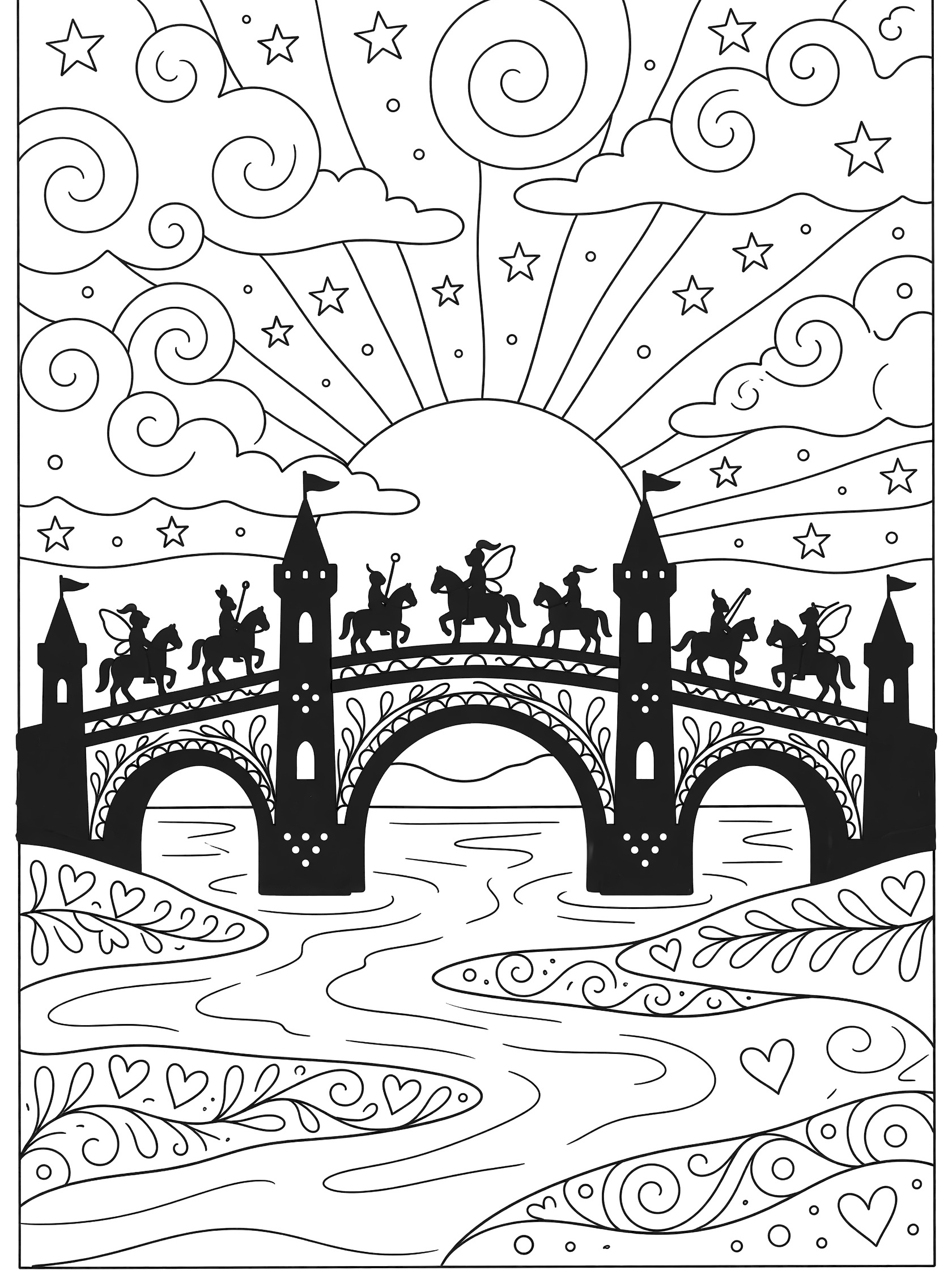 Black and white zentangle coloring page of Knightsbridge sunset silhouette showing arched bridge with knight towers, mounted knights, river waves, and patterned sky with swirls and stars.