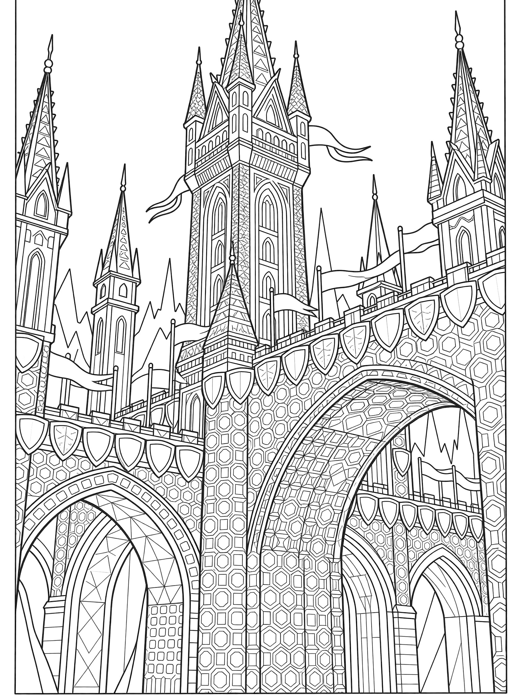 Detailed black and white line art of Knightsbridge Towers with towering spires on a grand arched bridge, covered in zentangle geometric patterns like triangles and hexagons.
