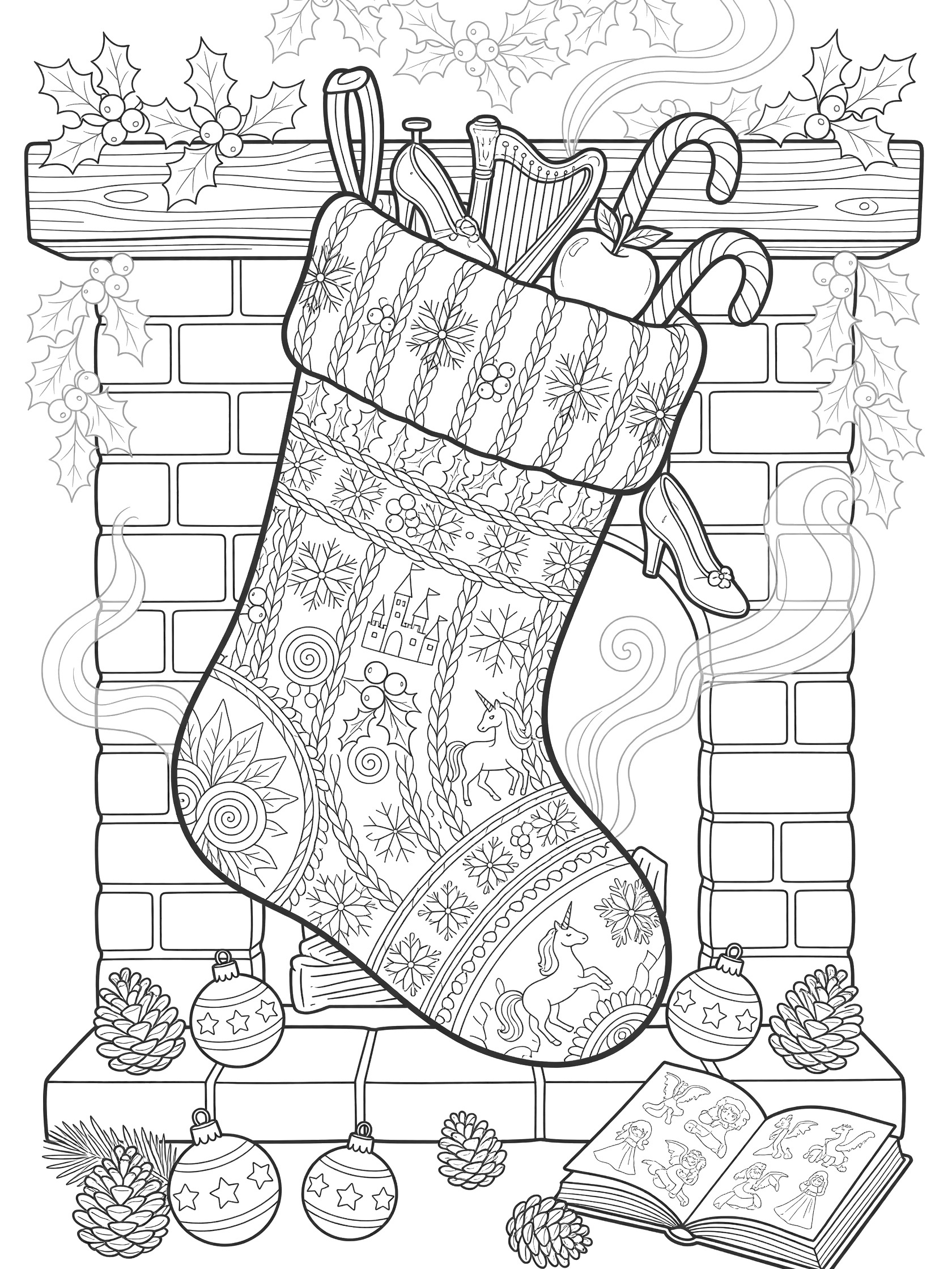 Black and white line art of a bulging knitted Christmas stocking with snowflakes, unicorns, and holly patterns, hanging from a nail on a wooden mantel over a brick fireplace with pinecones and ornaments on the hearth.