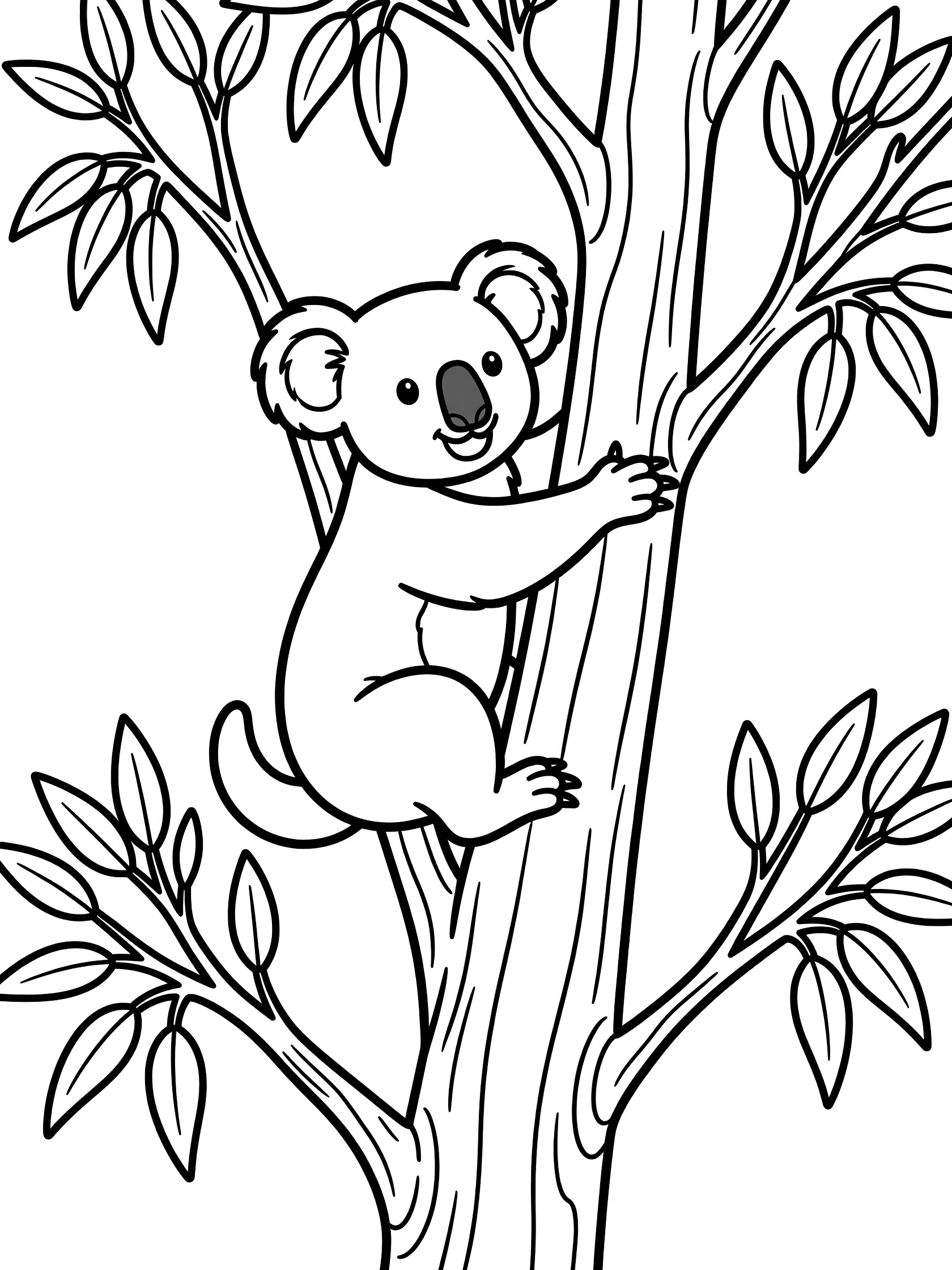 Black and white line art coloring page showing a koala bear climbing up a tall tree trunk with paws gripping bark and eucalyptus leaves on branches.
