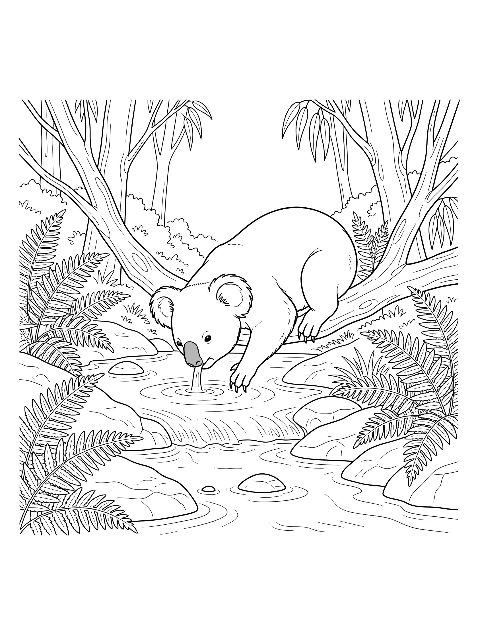 Black and white line art coloring page showing a koala on a low branch drinking water from a stream with rocks, ripples, and forest ferns around.