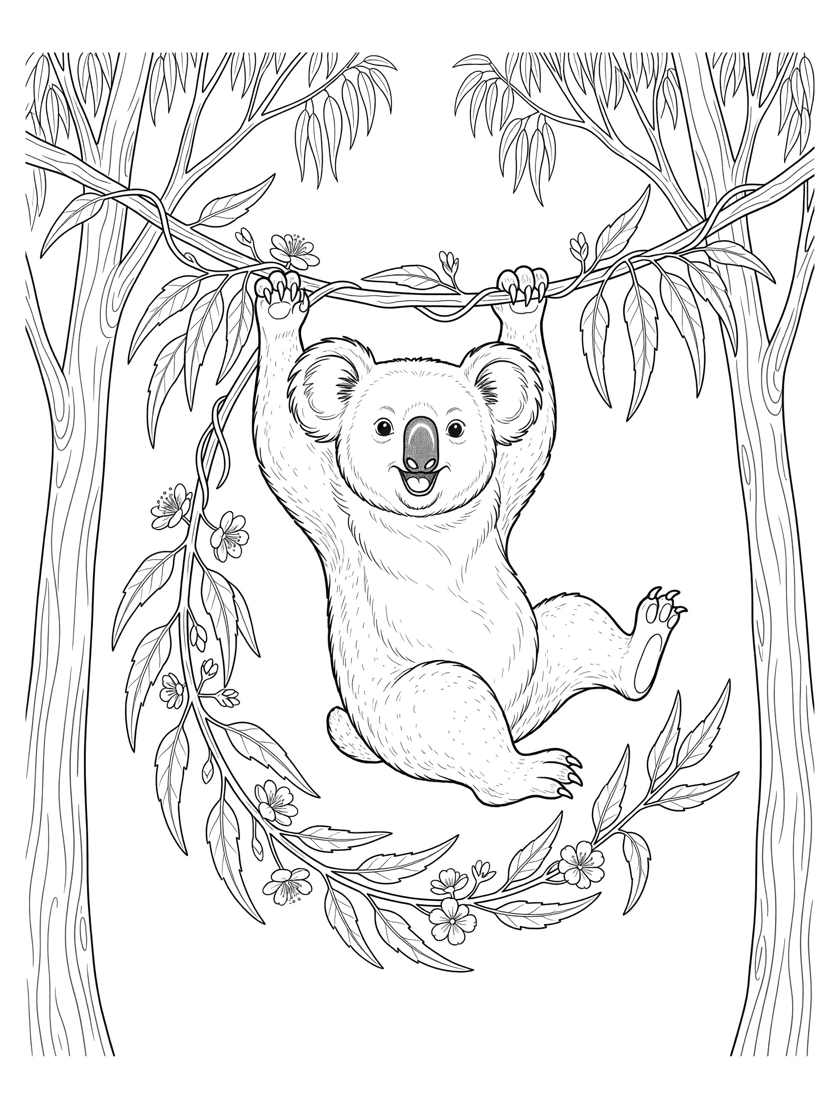 Black and white line art coloring page showing a koala gripping a vine with leaves and small flowers, hanging between two trees with branches and leaves.