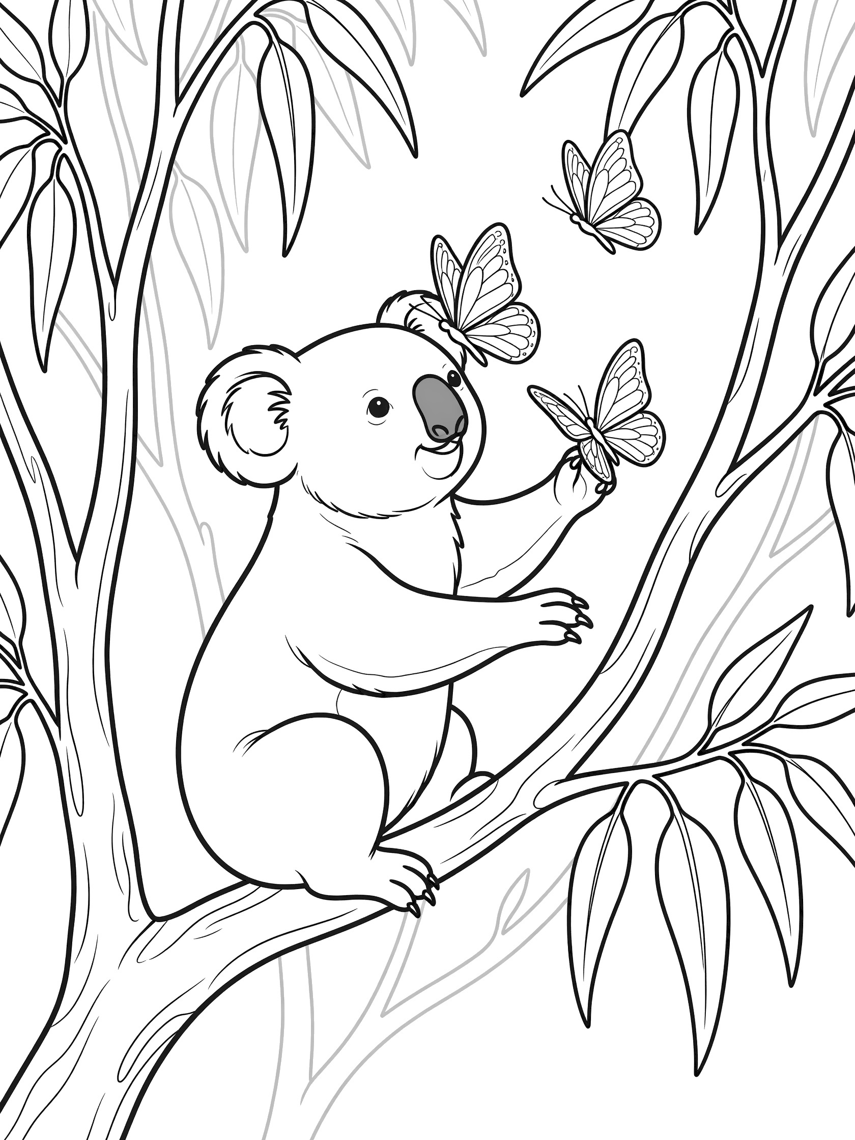 Black and white line art coloring page showing a koala on a eucalyptus branch reaching for butterflies landing on its paw and nose