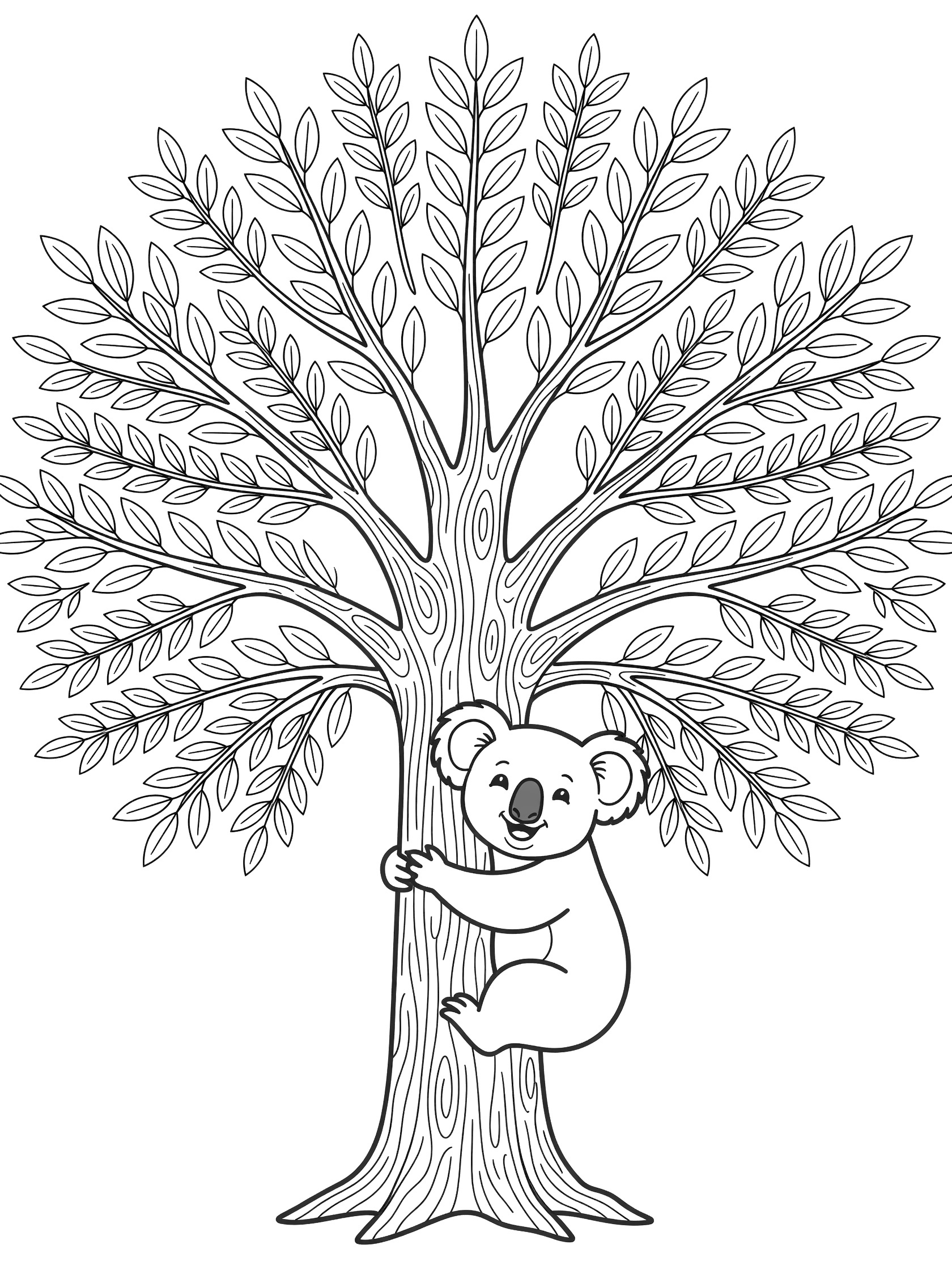 Black and white coloring page of a happy koala bear hugging a tree trunk with lots of leaves and branches.