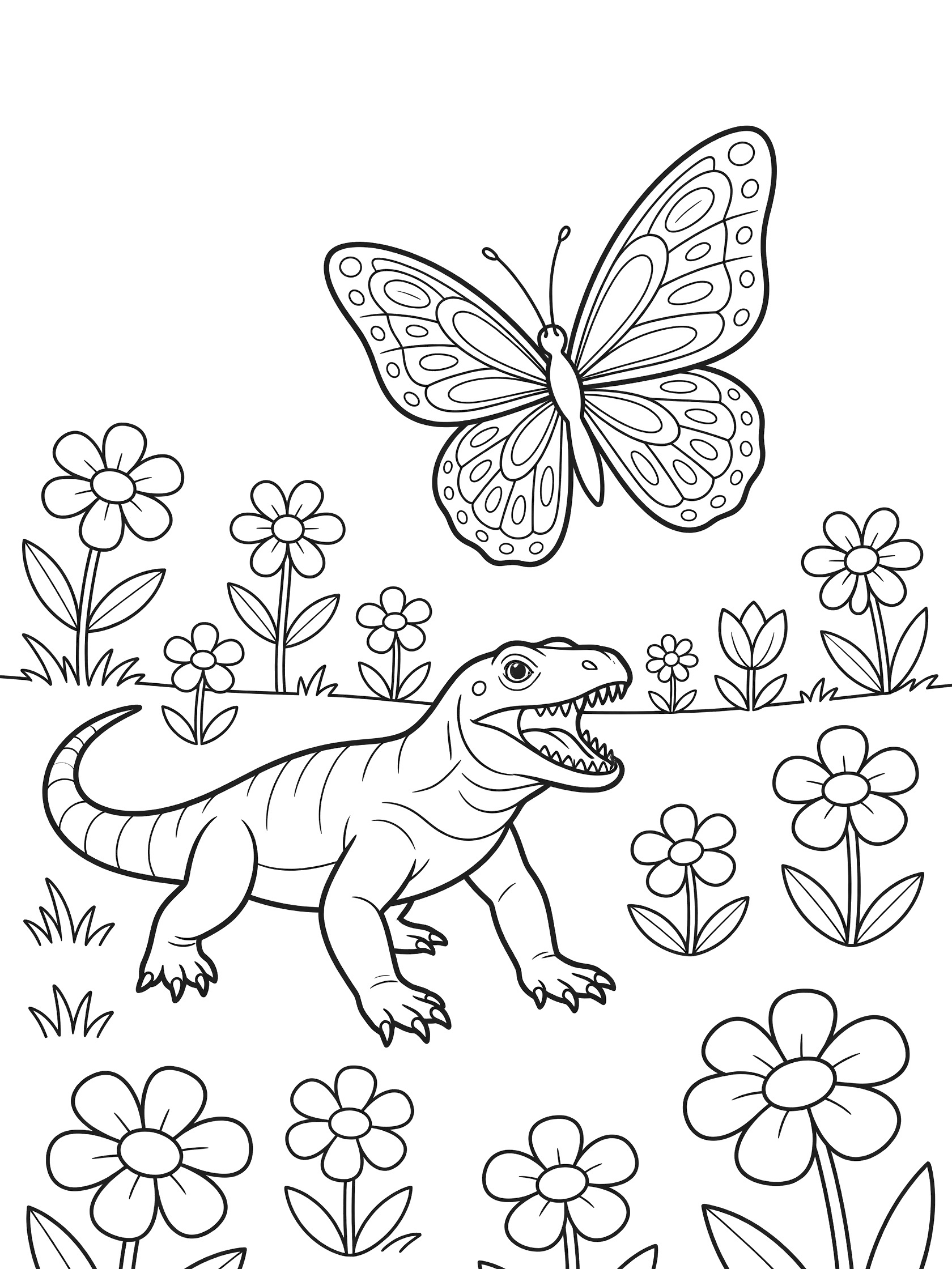 Black and white line art coloring page showing a Komodo dragon with open mouth chasing a large patterned butterfly among simple flowers in a meadow.