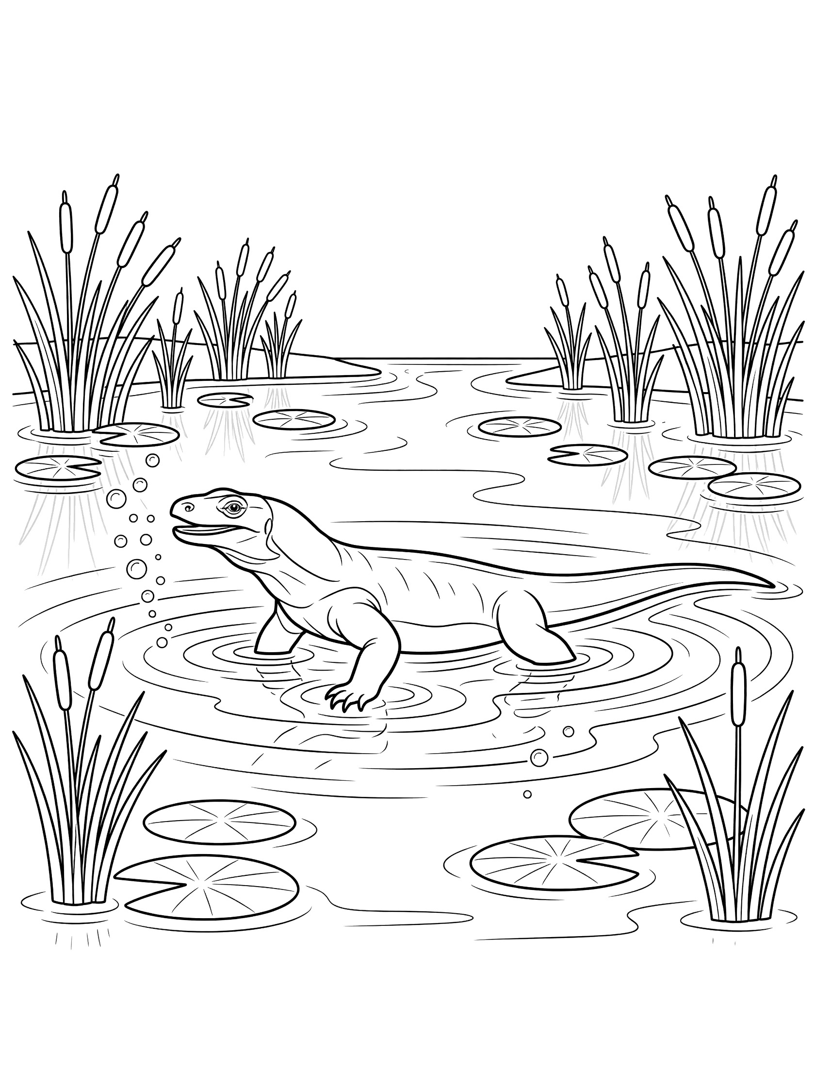 Black and white line art of a Komodo dragon swimming in a shallow pond surrounded by reeds and lily pads with bubbles and water ripples.