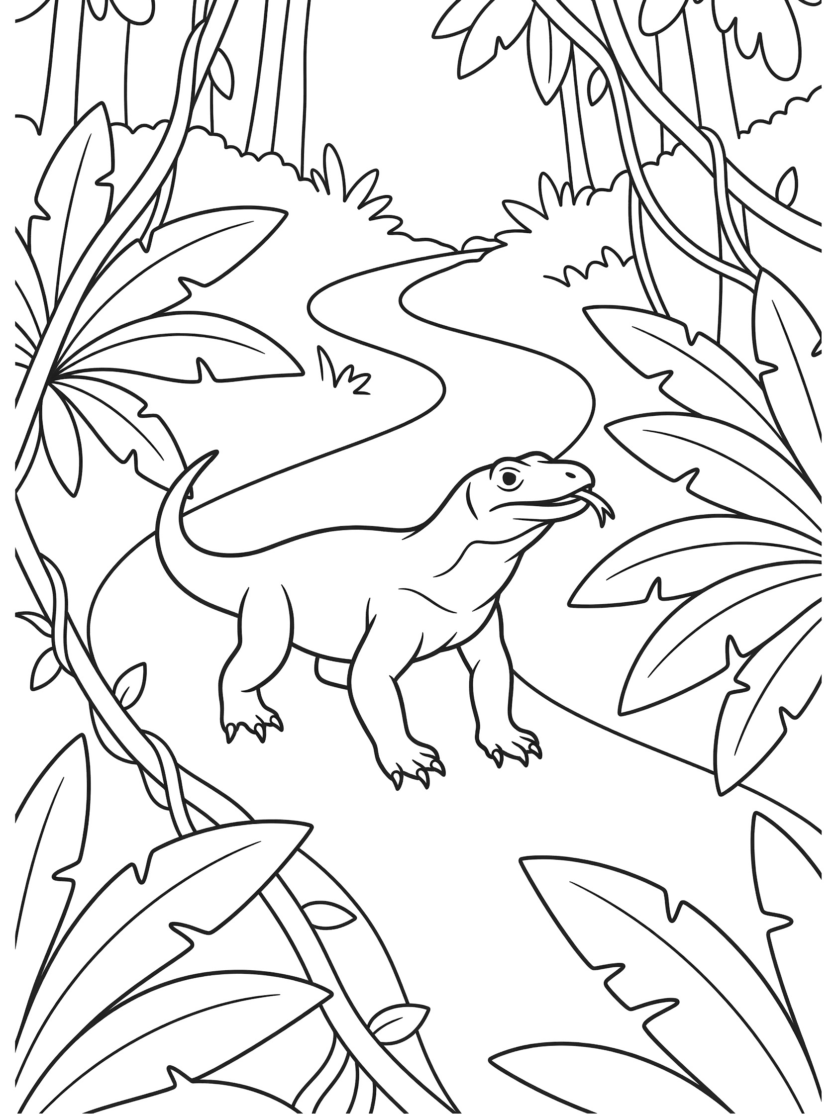 Black and white line art coloring page showing a Komodo dragon with tongue out walking on a curvy path surrounded by jungle leaves and vines.