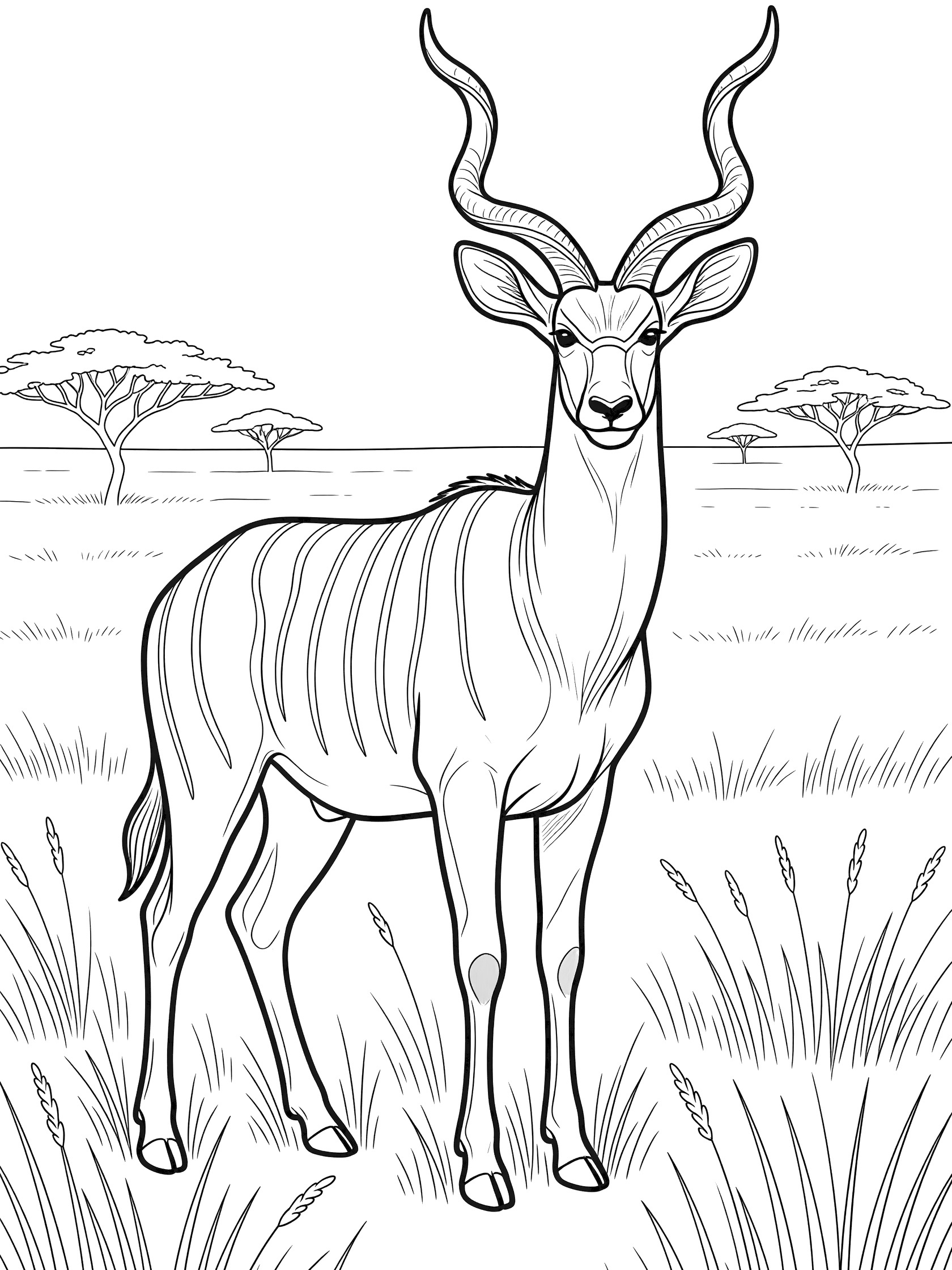 Black and white line art of a kudu antelope with large twisted horns, striped body, standing in tall grass with acacia trees in the background, coloring page.