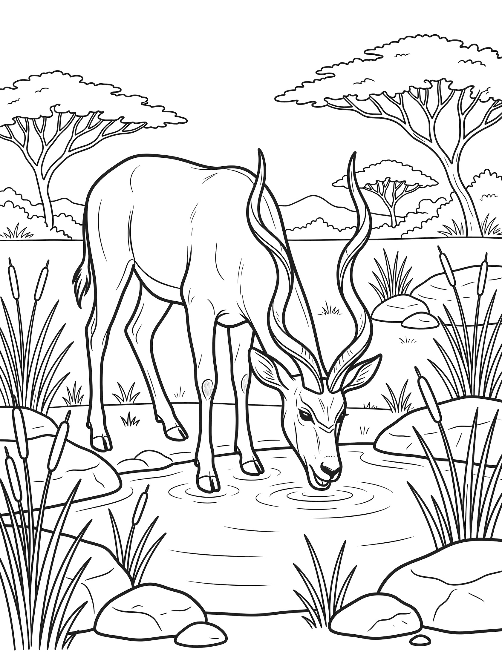Black and white line art coloring page showing a kudu antelope bending to drink at a waterhole surrounded by rocks, reeds, and trees.