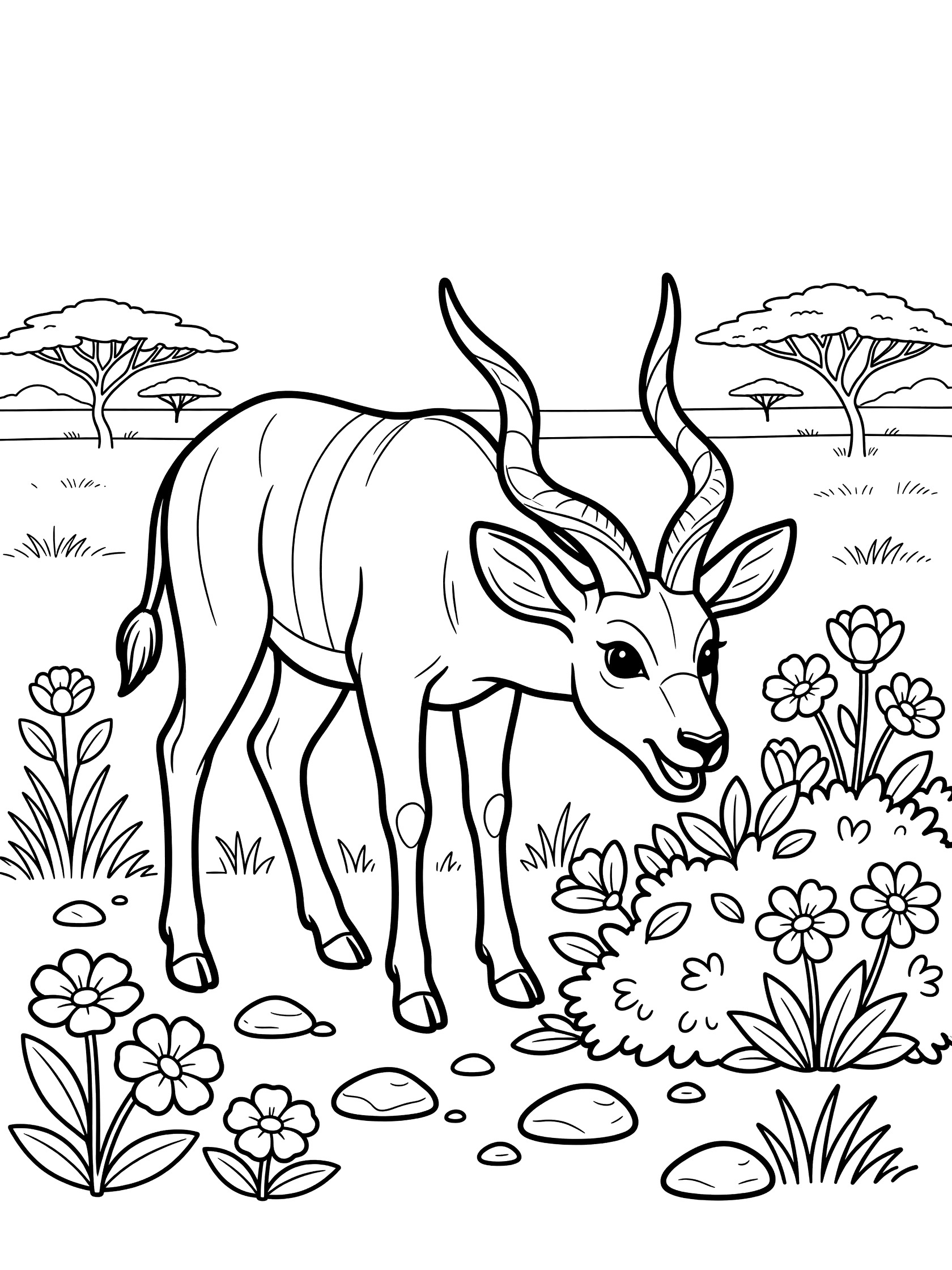 Black and white line art coloring page showing a kudu antelope with twisted horns eating leaves from bushes, surrounded by flowers, pebbles, and acacia trees on a white background.
