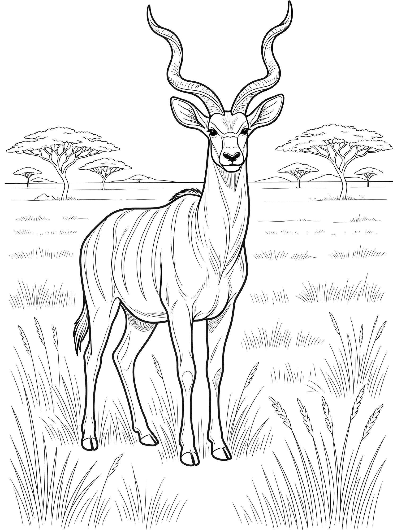 Black and white line art coloring page of a kudu antelope with spiral horns in African savanna surrounded by grasses and acacia trees.