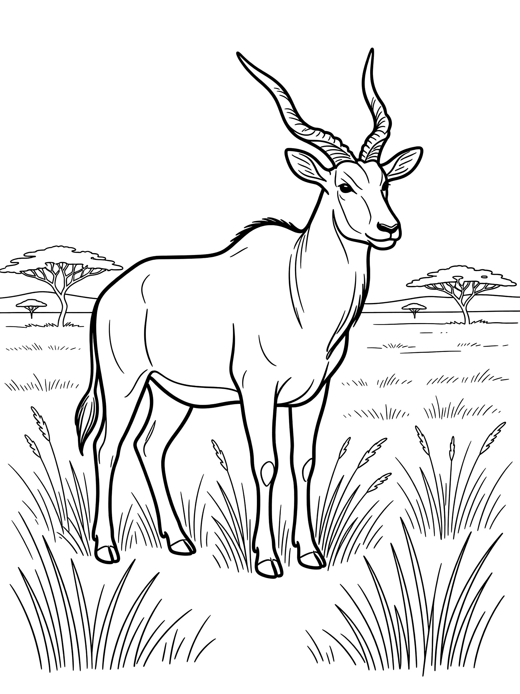Black and white coloring page of a kudu antelope with long spiral horns standing in tall grass on the savanna with acacia trees in the background. Eland themed black and white printable line art