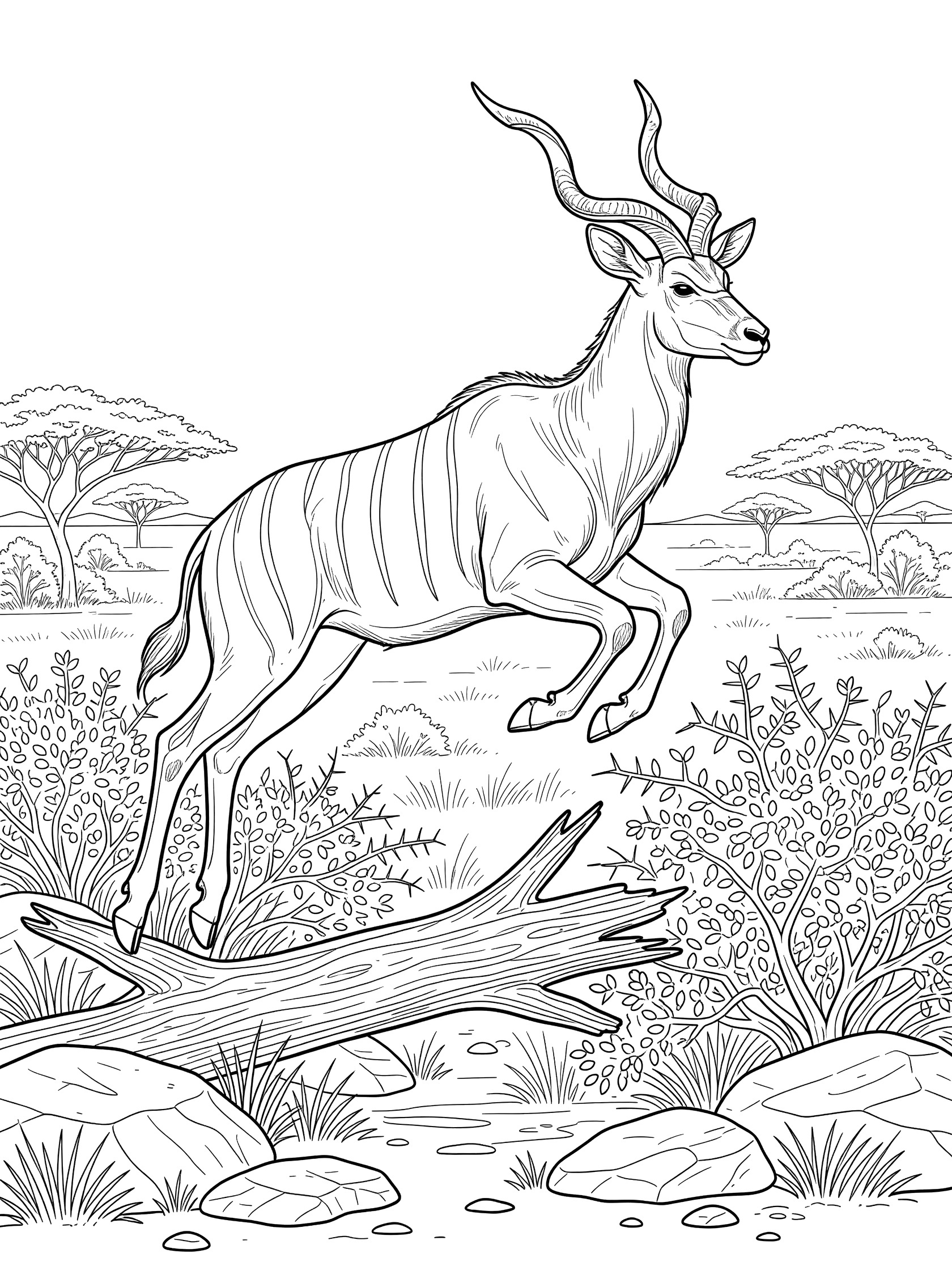 Black and white line art coloring page showing a kudu antelope with spiral horns jumping over a fallen log surrounded by bushes, rocks, and trees.