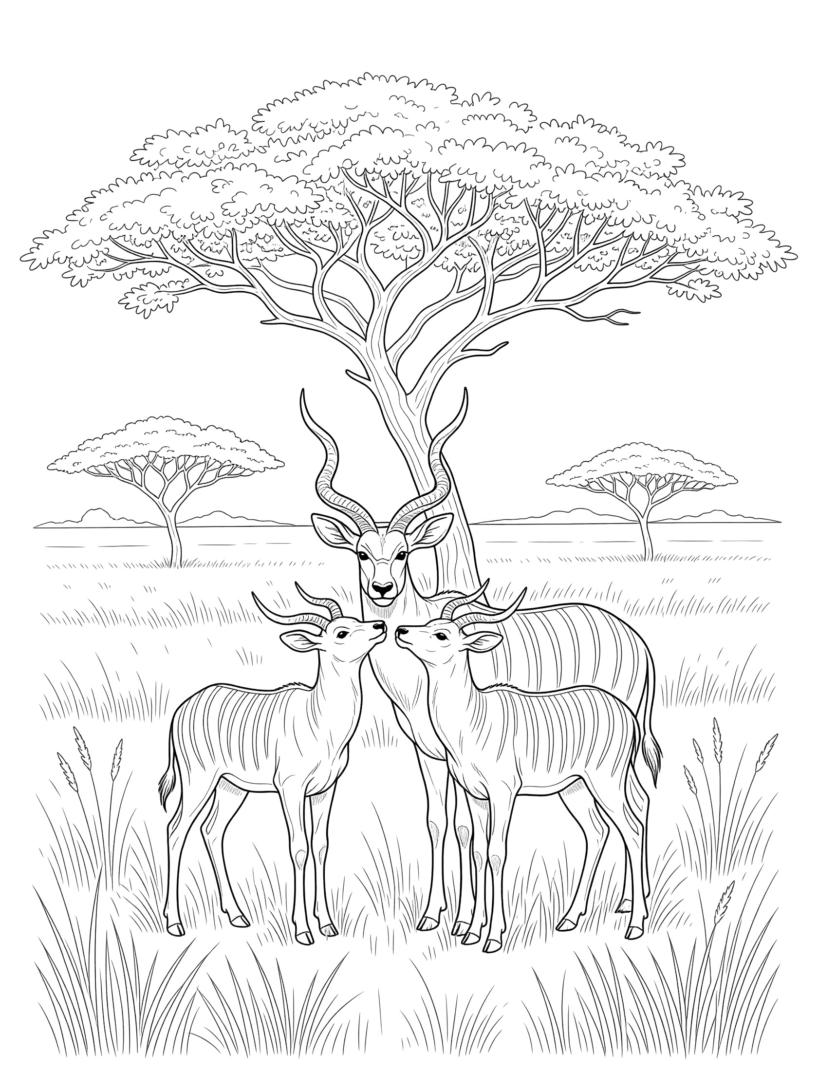 Black and white coloring page of a mother kudu with two young calves nuzzling in grassland under an acacia tree with distant trees on a savanna scene.