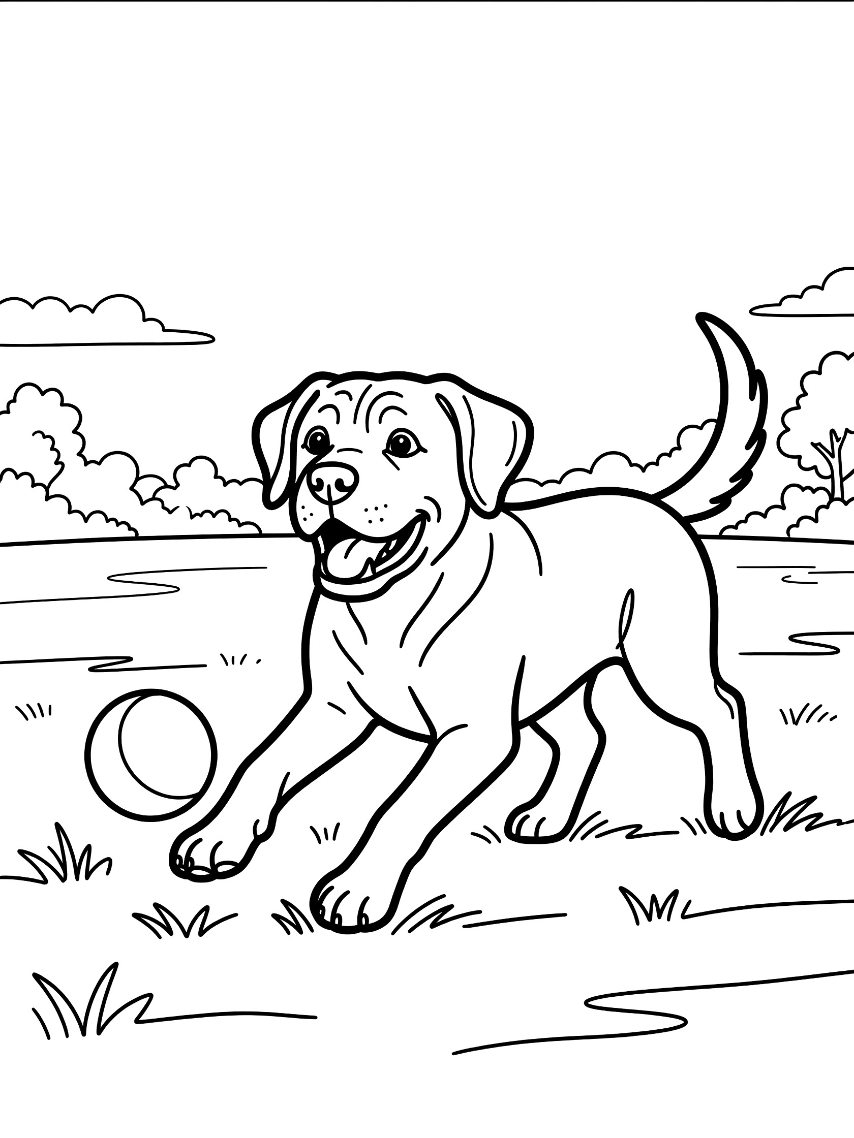 Black and white line art coloring page showing a joyful Labrador dog running after a ball on grassy field with trees and river in background. Mastiff themed black and white printable line art
