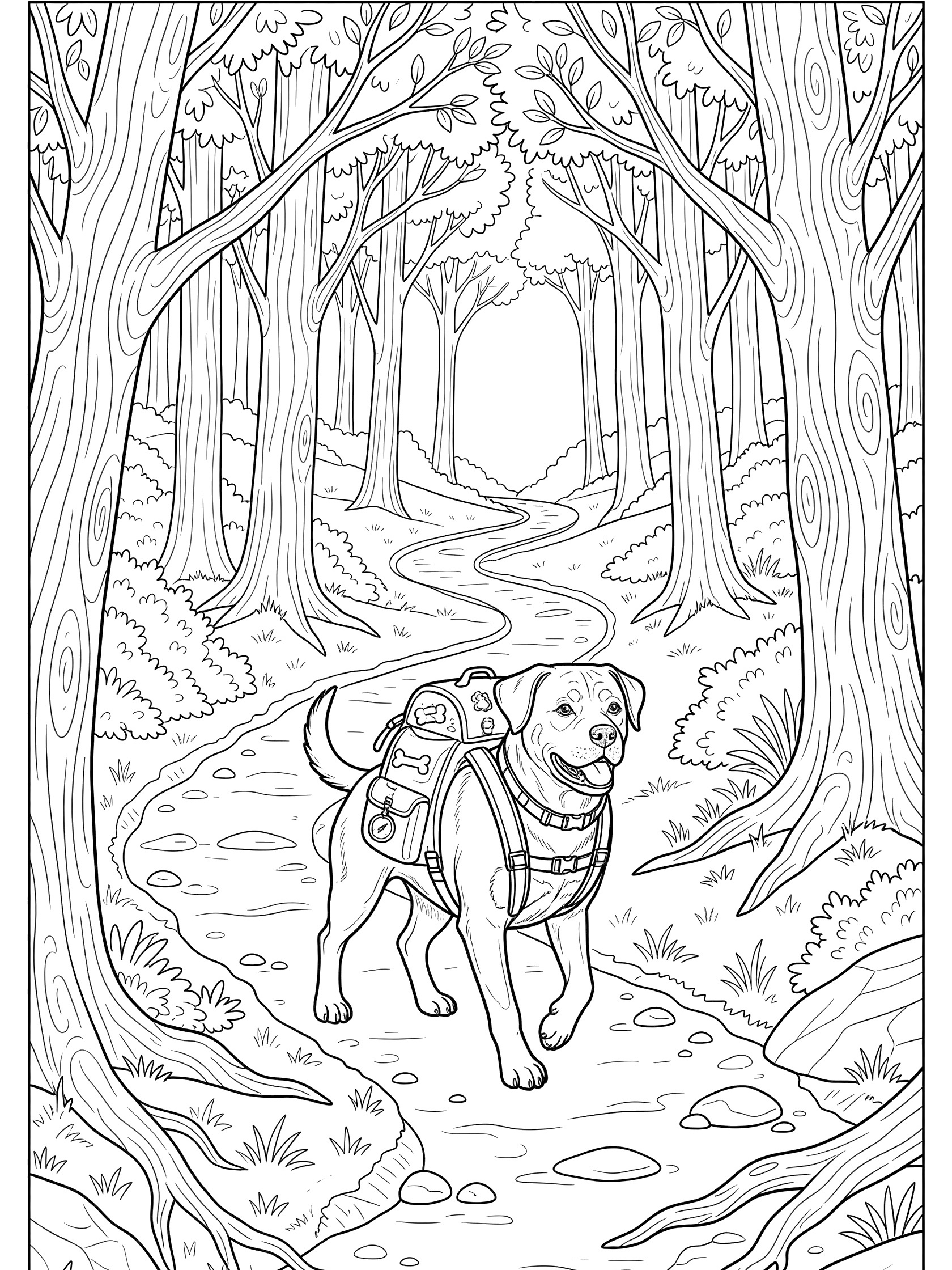 Black and white line art coloring page showing a Labrador dog with backpack walking on a curvy forest trail surrounded by trees, bushes, and rocks. Labrador Retriever themed black and white printable line art