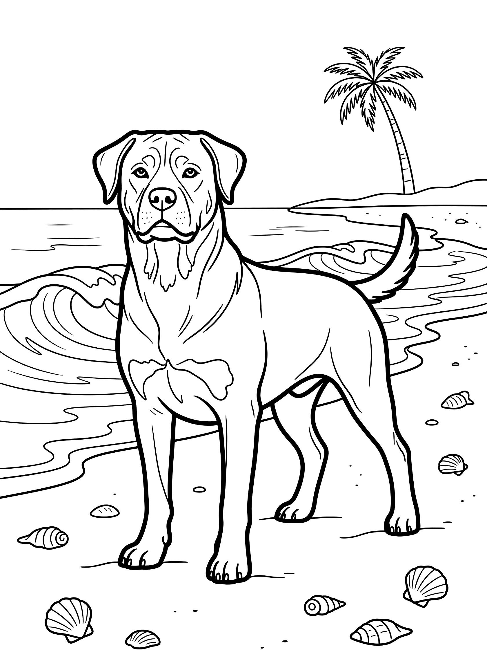 Black and white line art coloring page showing a Labrador dog on sandy beach with waves, seashells, and palm tree
