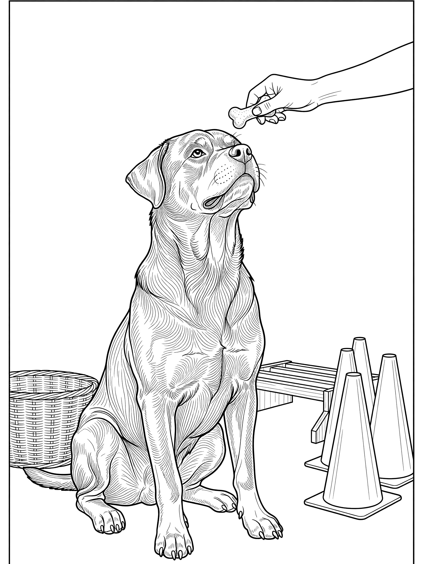 Black and white line art coloring page showing a Labrador dog sitting and looking up at a hand holding a treat, with training cones and a basket nearby. Labrador Retriever themed black and white printable line art