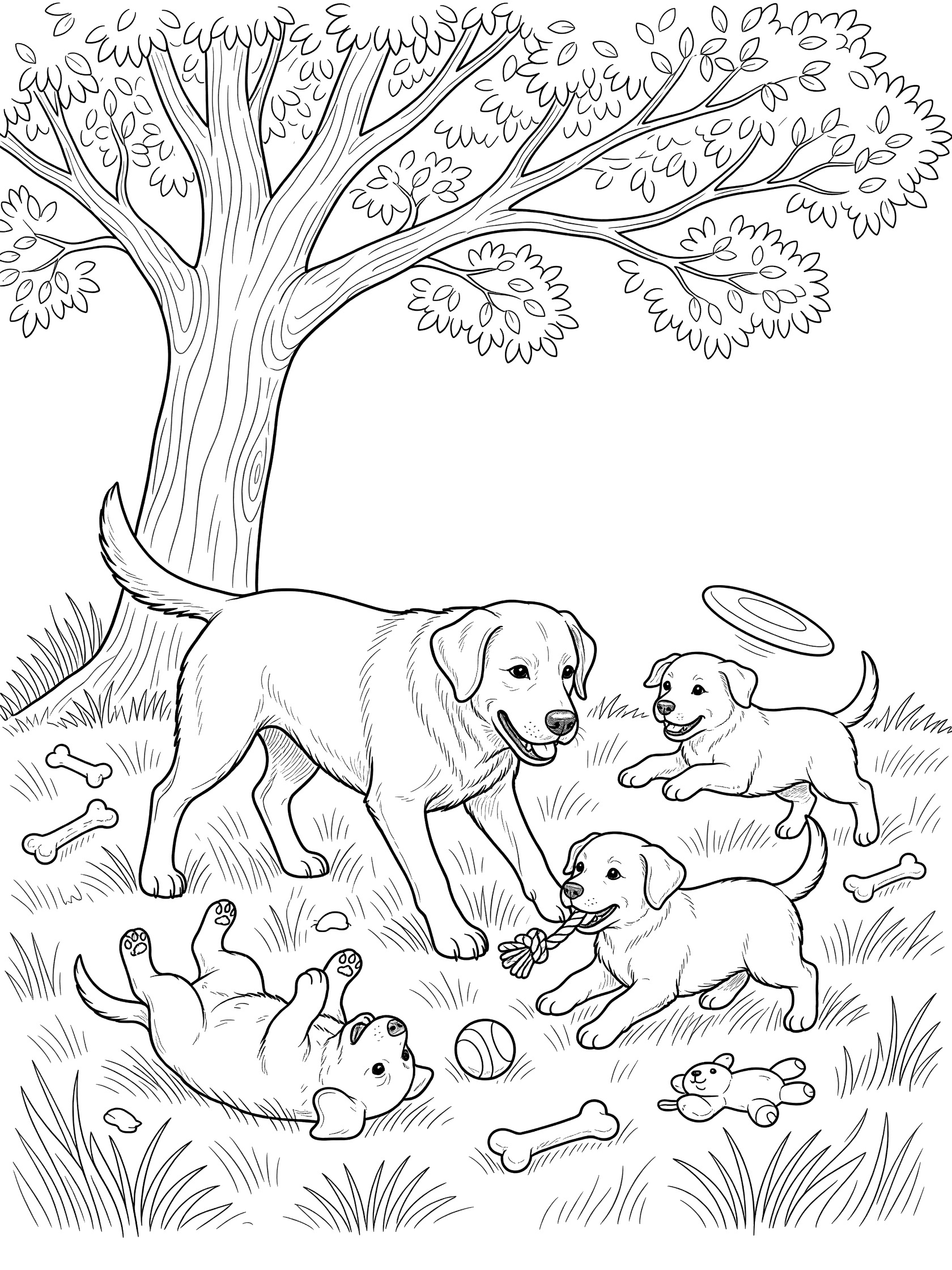 Black and white line art coloring page showing a mother Labrador dog playing with three puppies rolling in grass under a big tree with scattered bones and toys.