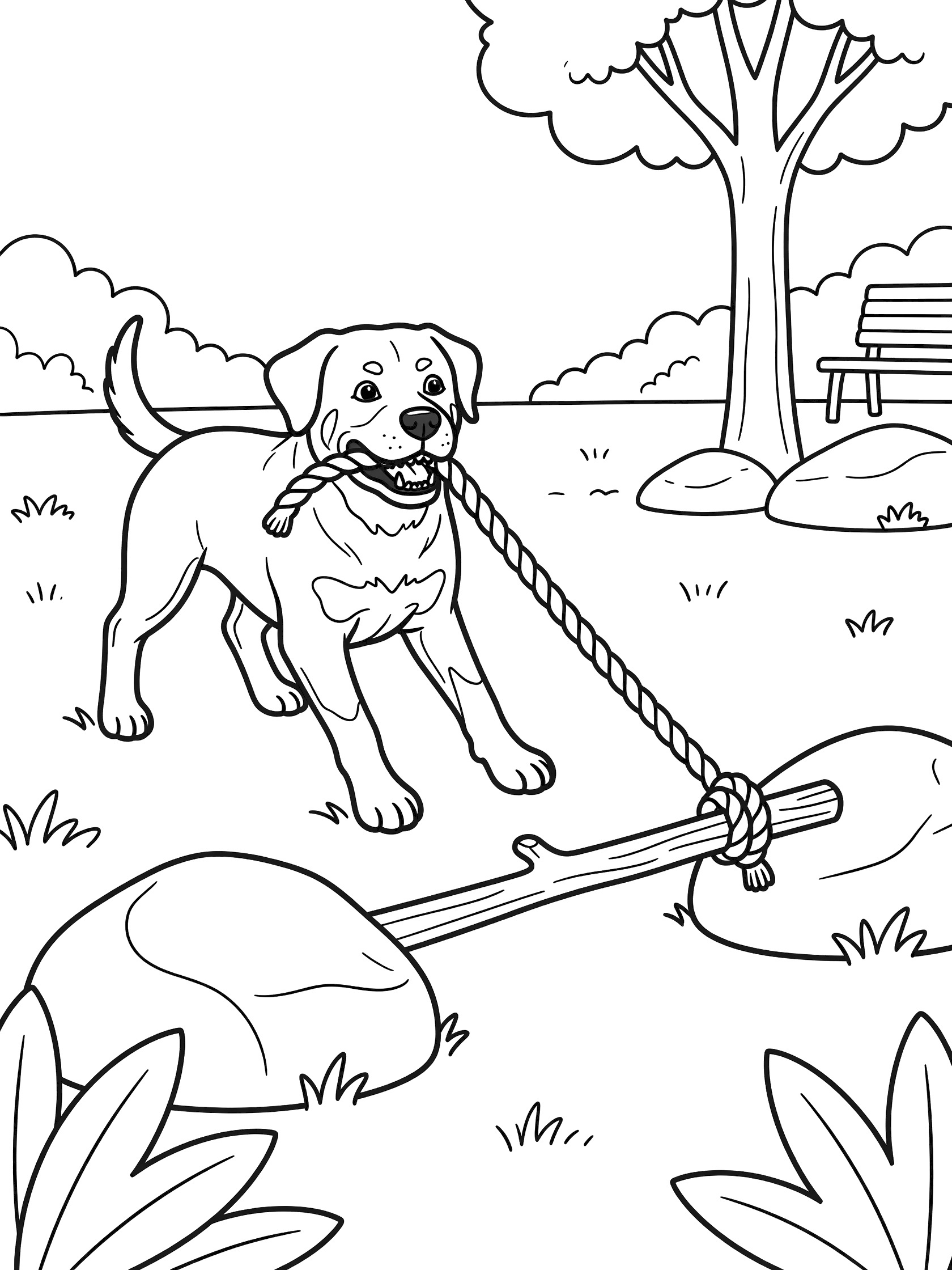 Black and white line art coloring page showing a Labrador puppy in playful tug with rope and stick in a park with tree, bench, grass and rocks. Labrador Retriever themed black and white printable line art