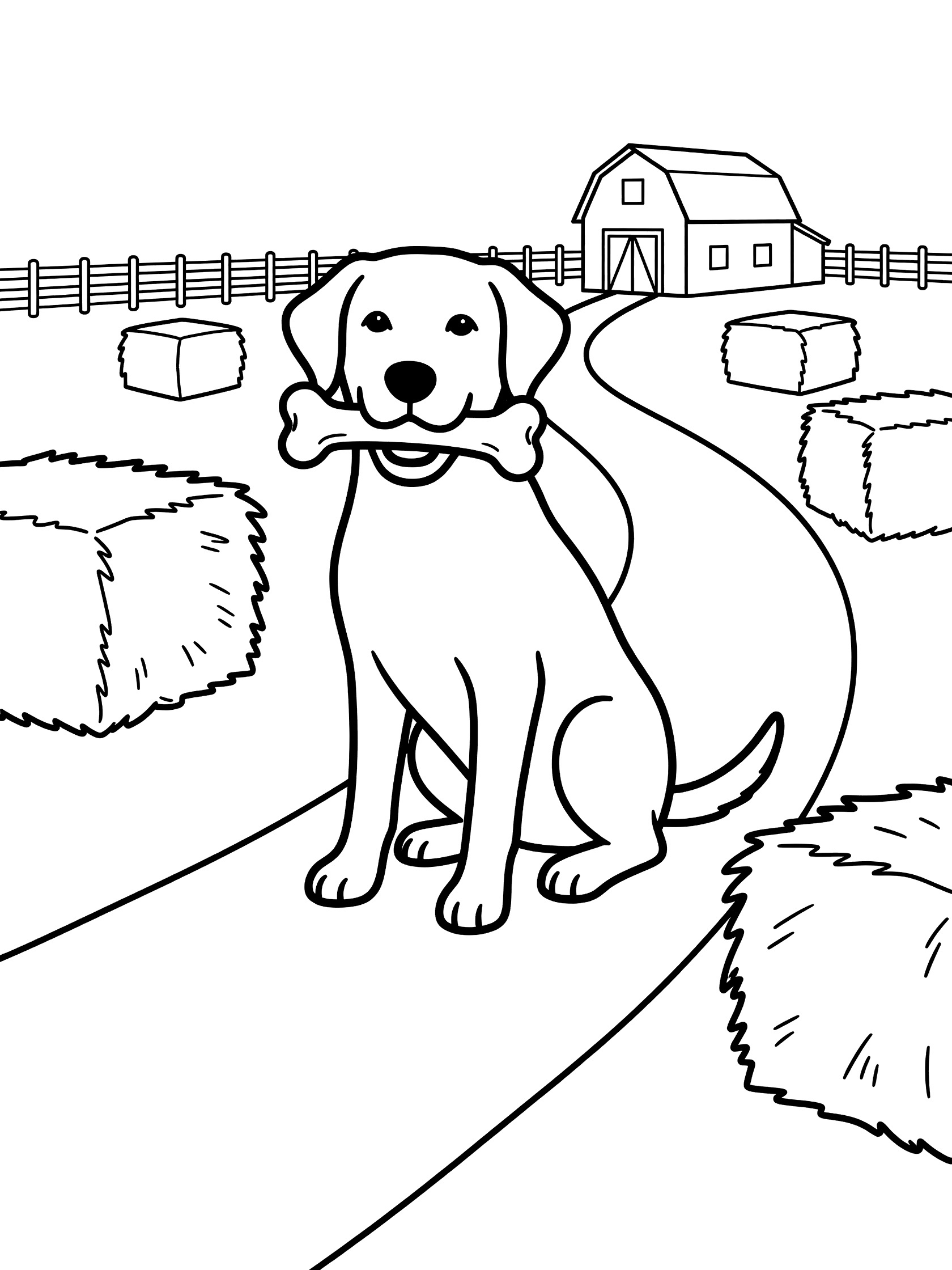 Black and white line drawing of a happy Labrador puppy holding a large bone in its mouth, sitting on a winding farm path surrounded by hay bales, with a barn and fence in the background. Labrador Retriever themed black and white printable line art