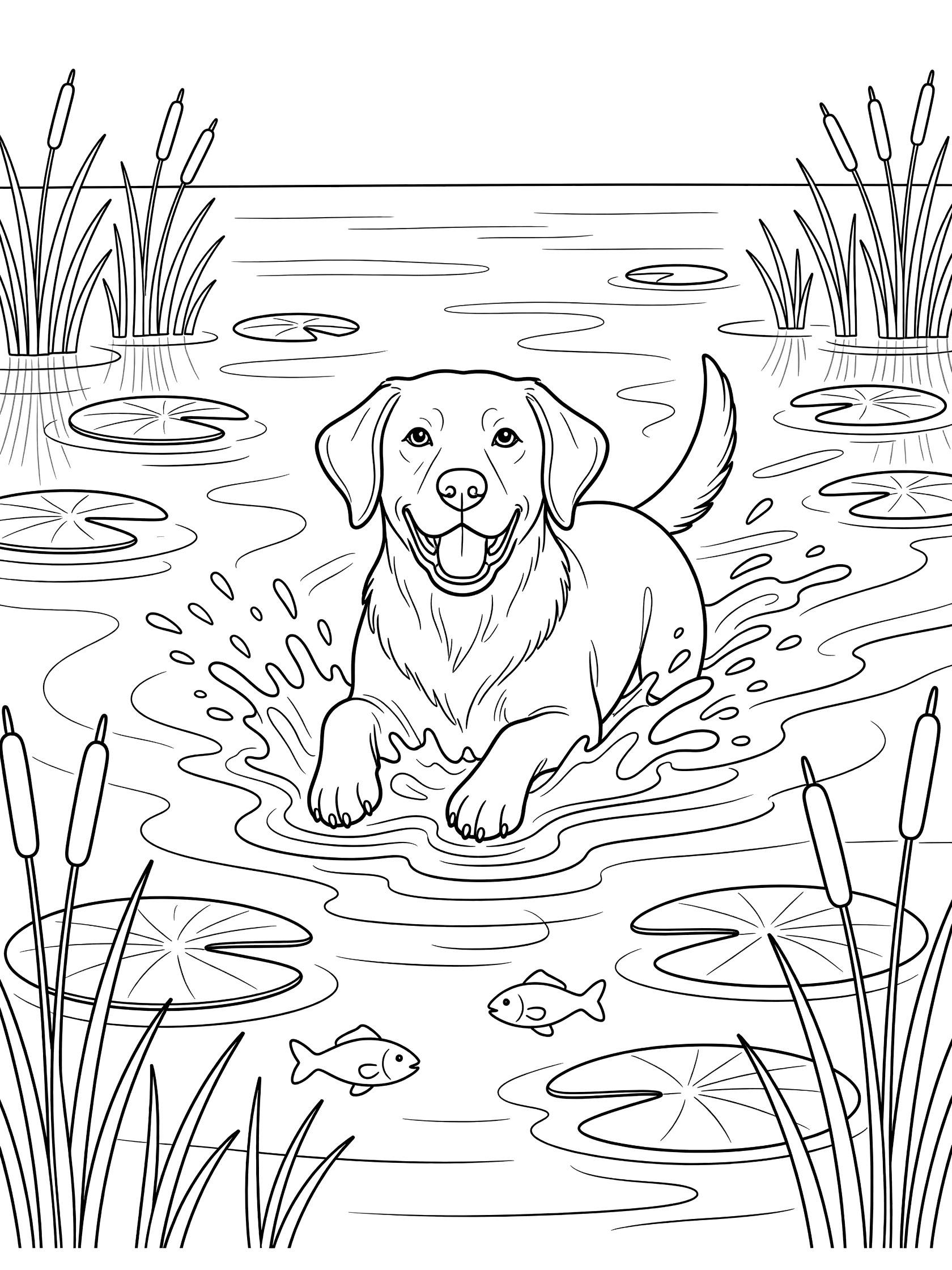 Black and white line drawing of a cheerful Labrador dog swimming and splashing water in a pond surrounded by reeds, lily pads, and small fish.