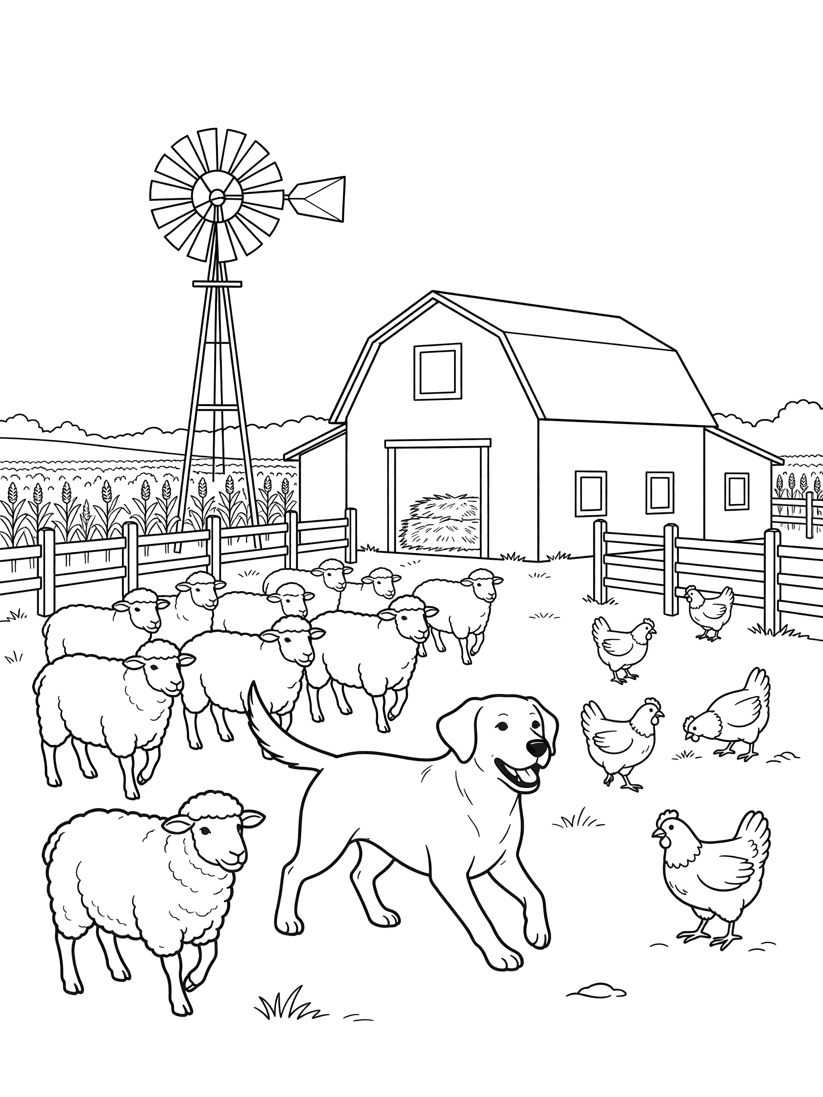 Black and white outline coloring page showing a Labrador Retriever dog herding sheep on a farm with red barn, chickens, windmill, fence posts, and crops
