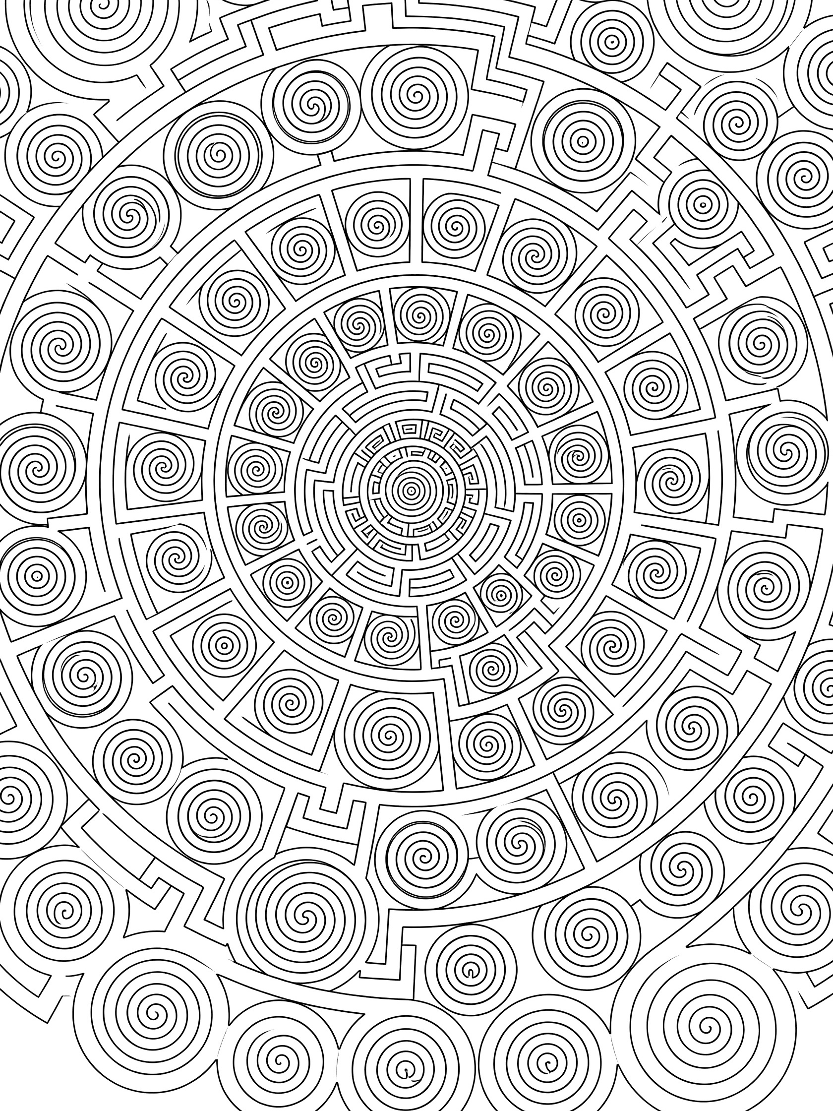 Detailed line art coloring page of labyrinth spirals with countless geometric spirals branching into corridors and chambers around a central vortex.