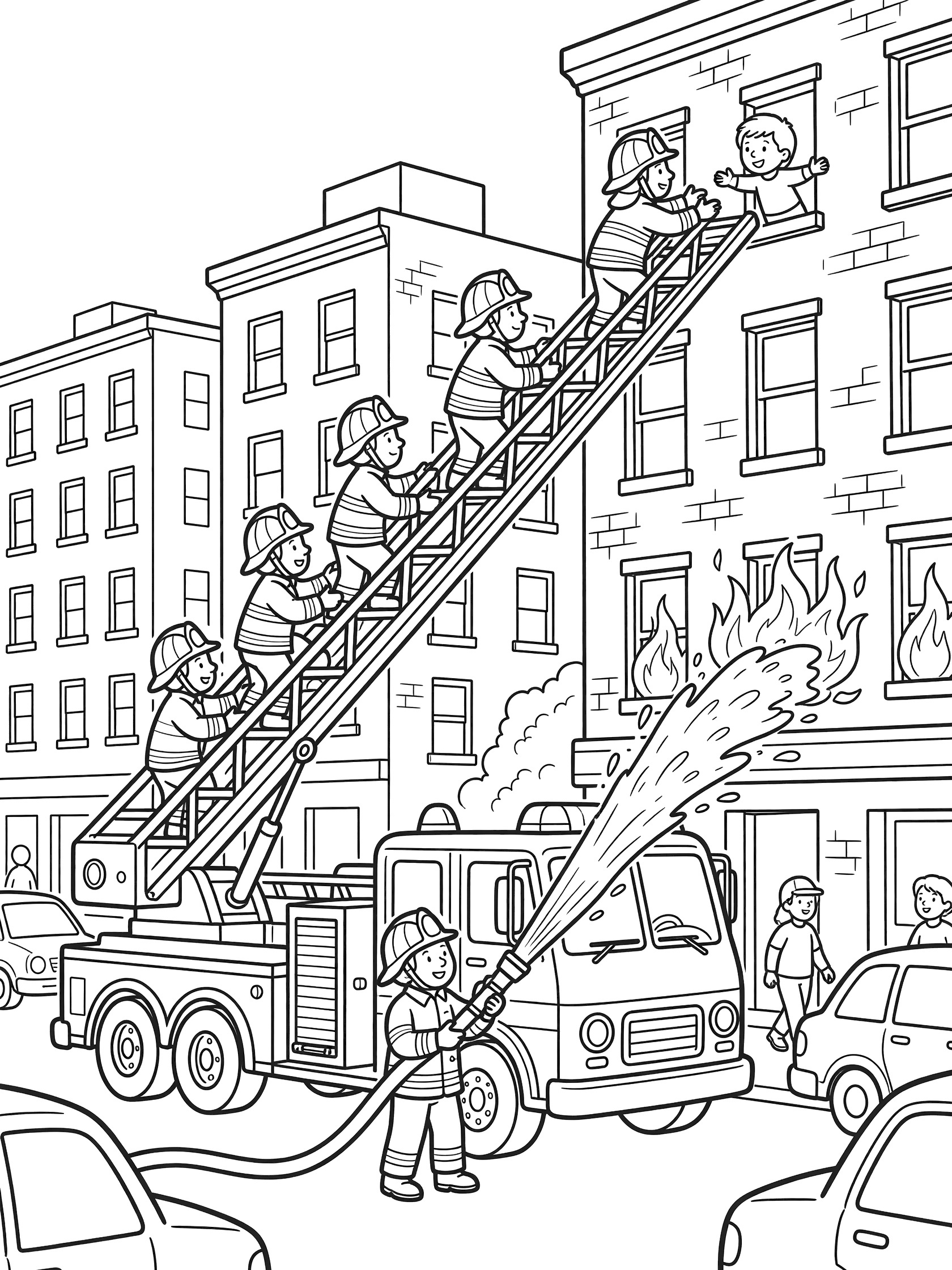 Black and white coloring page of a fire engine with raised ladder, firefighters rescuing a child from a tall building window, and spraying hose on fire.