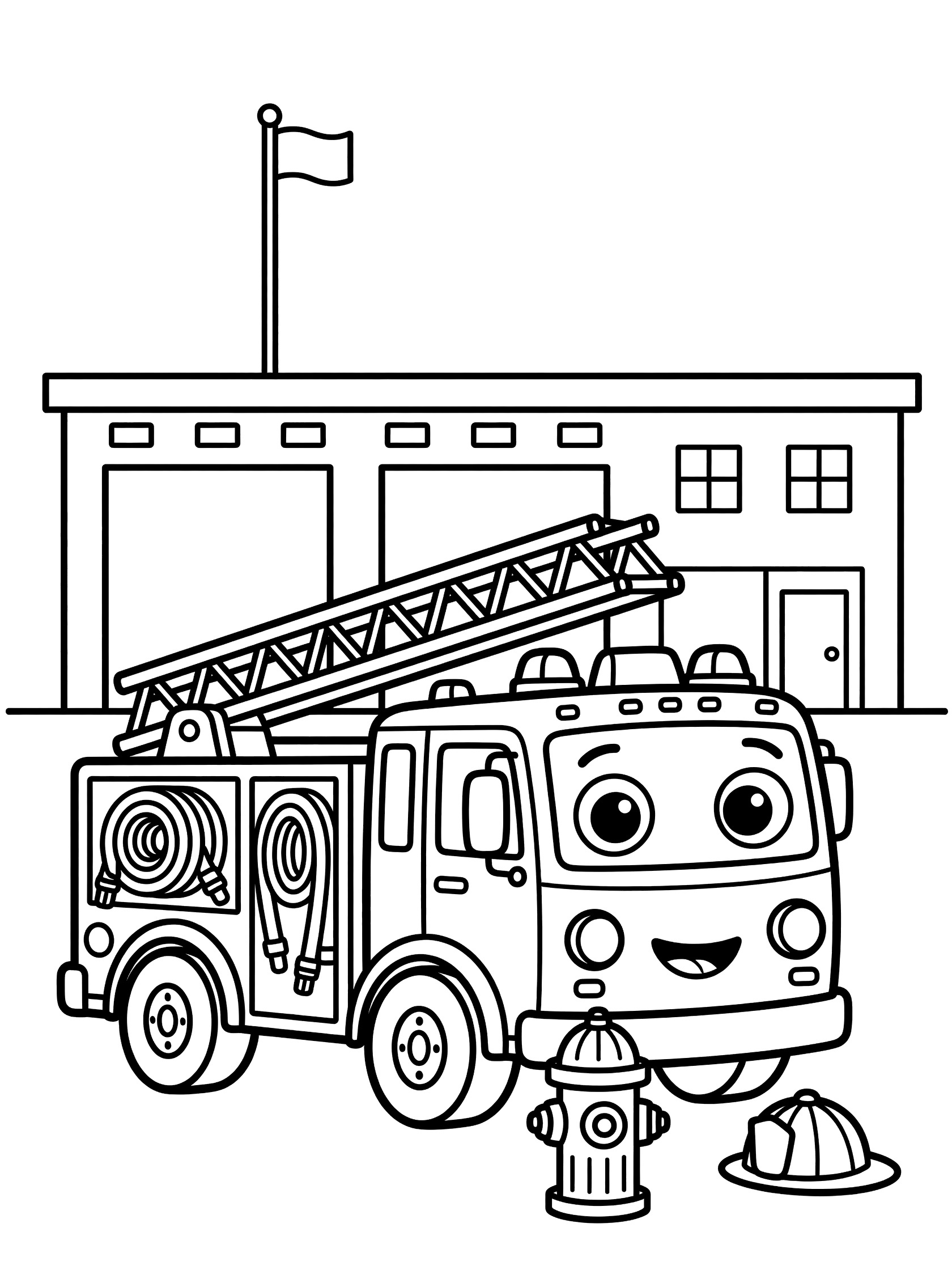 Black and white coloring page showing a smiling ladder fire truck with extended ladder outside a fire station building, flagpole, fire hydrant, and firefighter helmet. Ladder Truck themed black and white printable line art