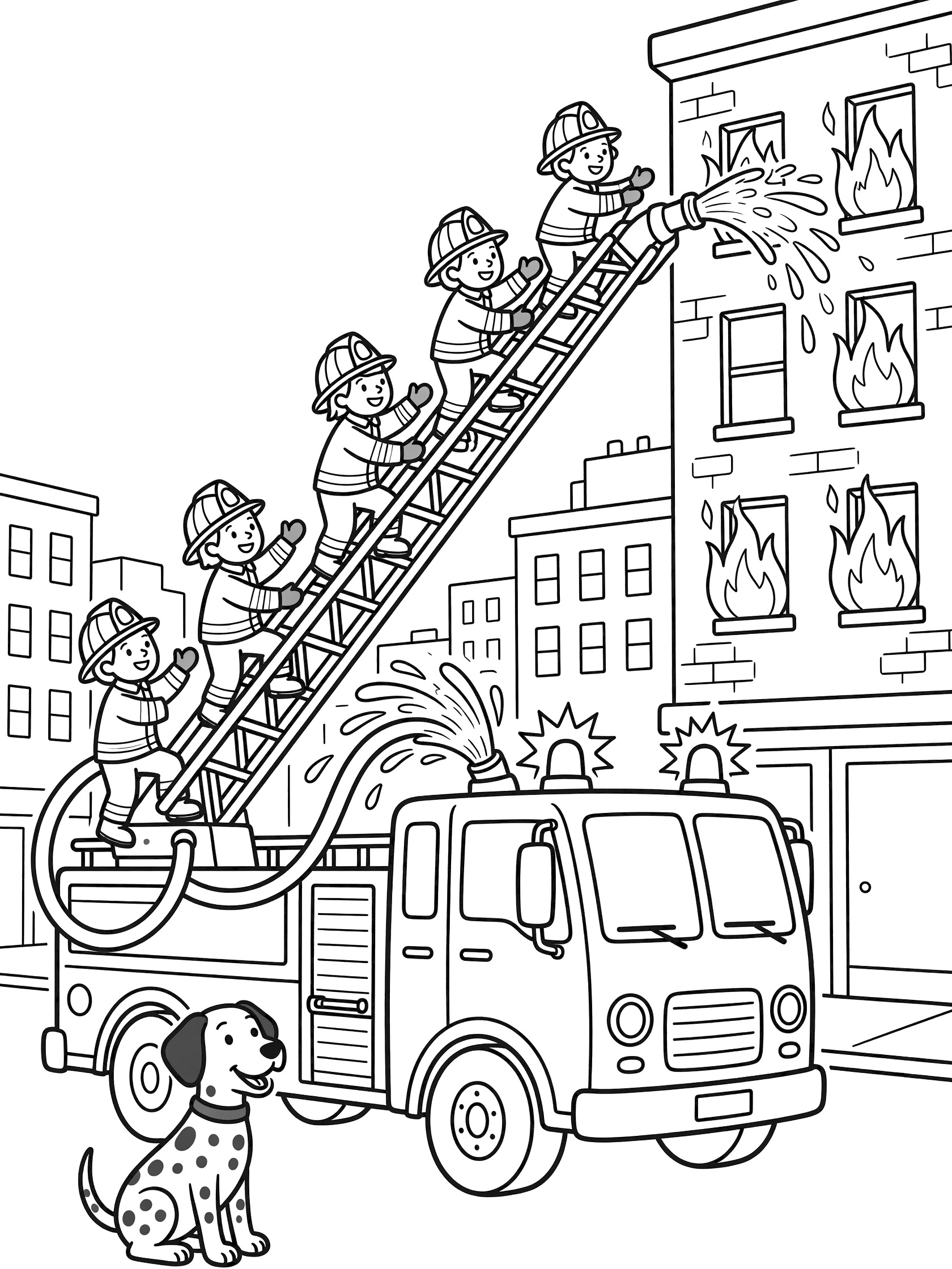 Line art coloring page showing a cheerful ladder fire truck with extended ladder, brave firefighters climbing to a tall brick building on fire, water spraying from hose, spotted dalmatian by big wheels, city street scene