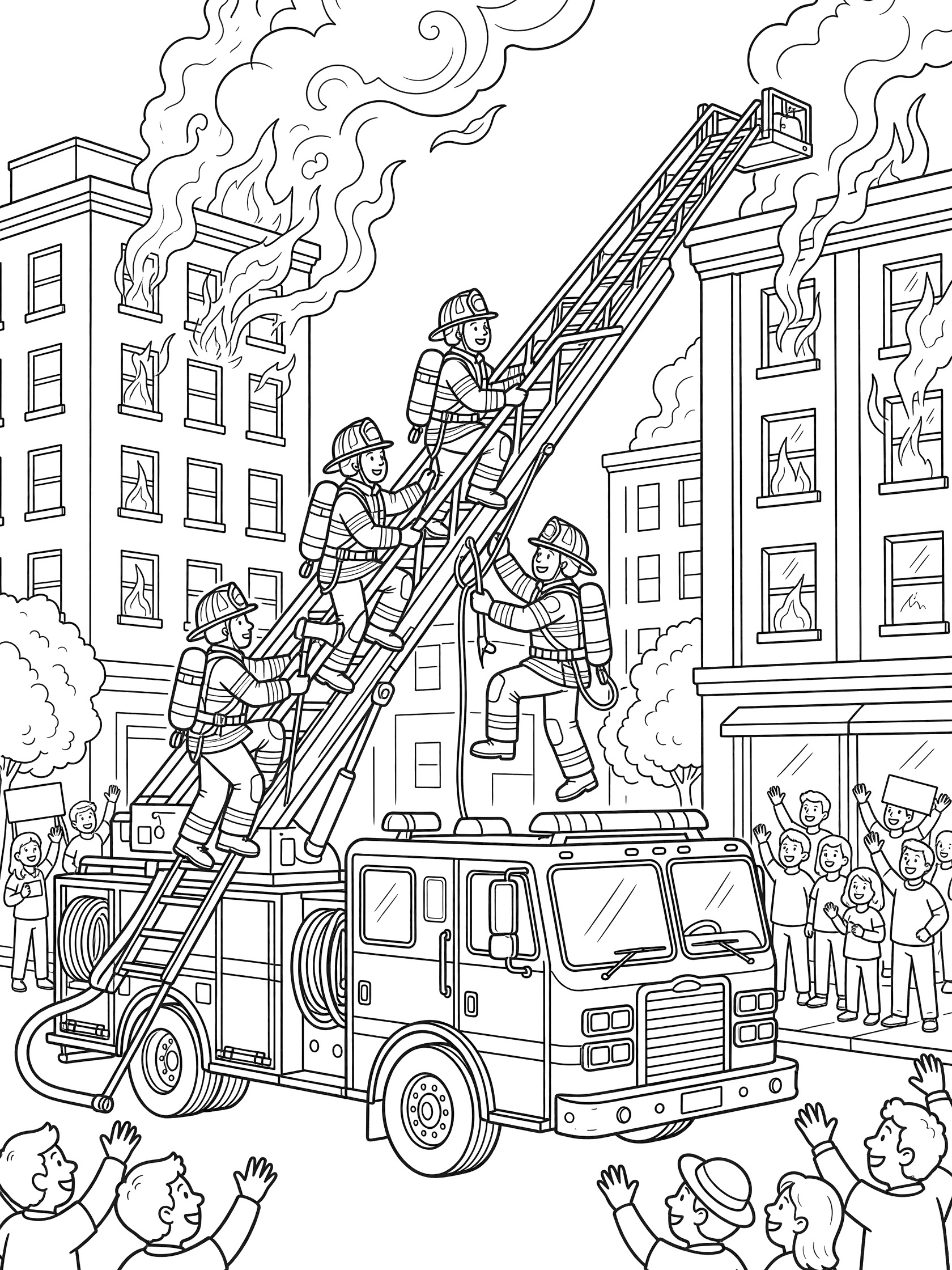 Line art coloring page showing ladder truck parked on city street, extendable ladder up to burning building, firefighters in gear climbing ladder, smoke, hoses, crowd waving.