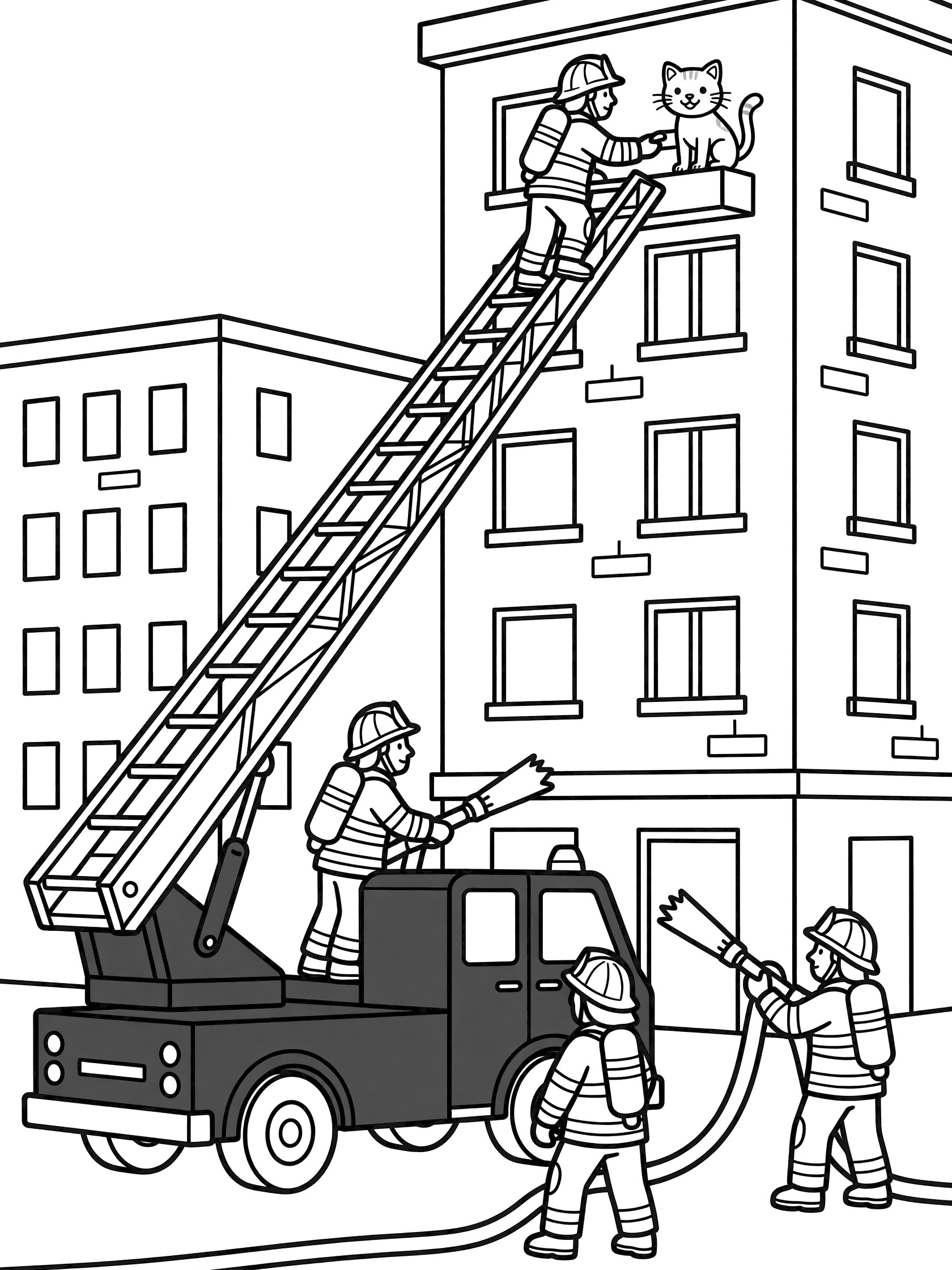 Black and white coloring page showing a ladder truck with extended ladder reaching a tall building. Firefighter climbs to rescue a cat on the ledge, with ground firefighters holding a hose.