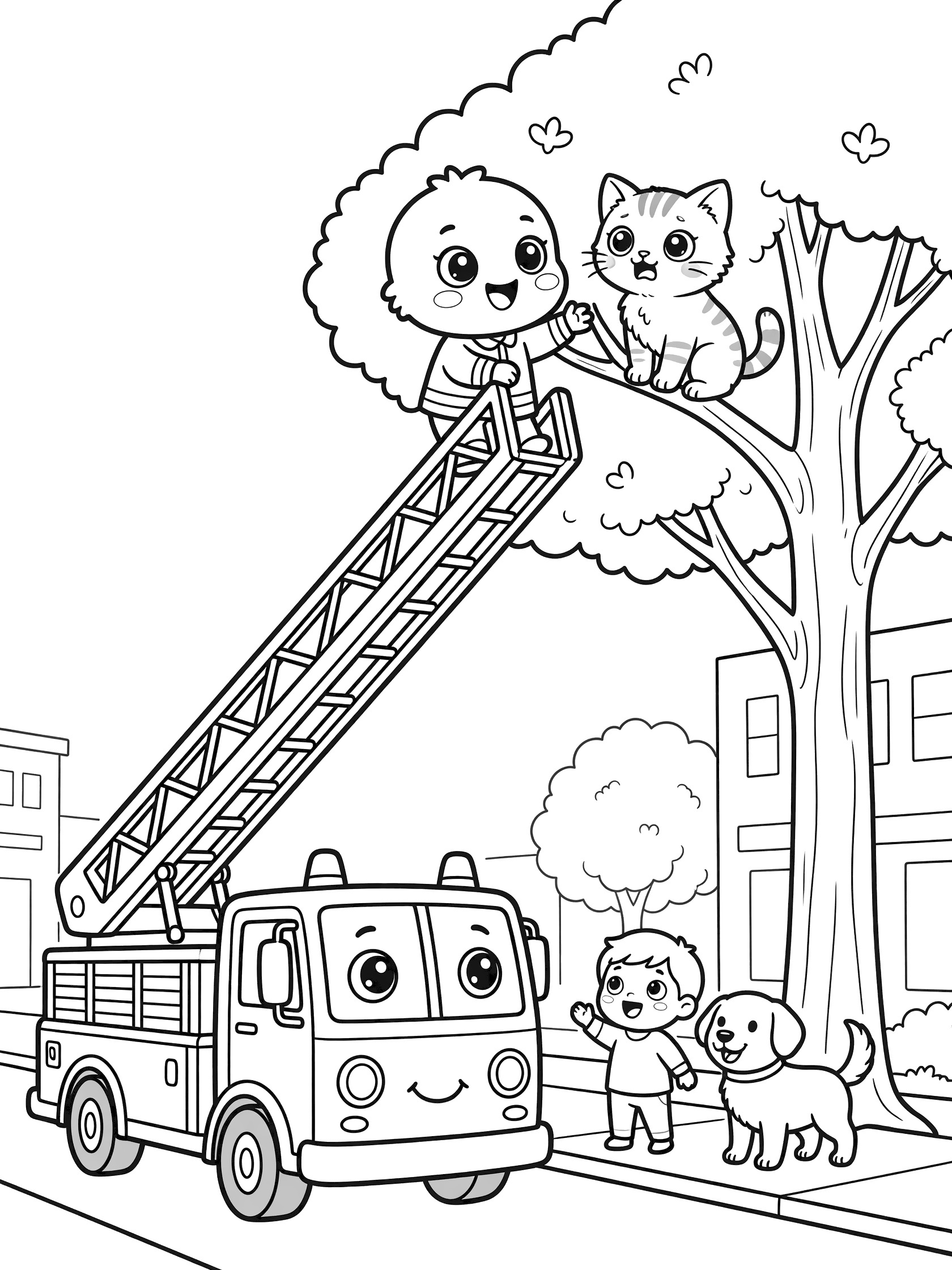 Black and white coloring page of a cheerful ladder truck with raised ladder helping a firefighter rescue a scared kitten from a tree branch, with excited child and dog onlookers on the street.