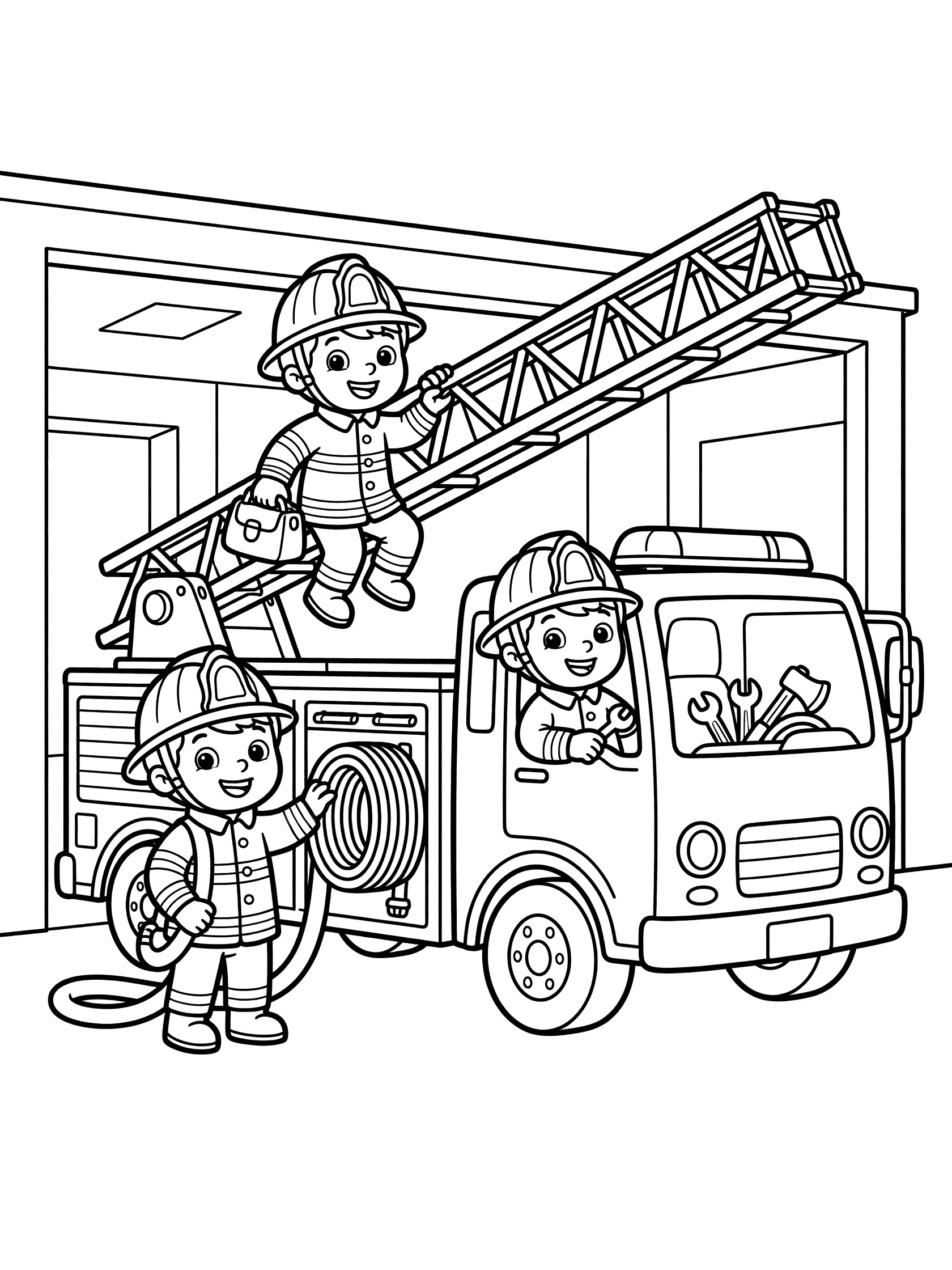 Cute cartoon ladder truck parked in fire station bay, ladder raised, with three friendly firefighters preparing: one climbing ladder with gear bag, one with coiled hoses, one in cab with tools.