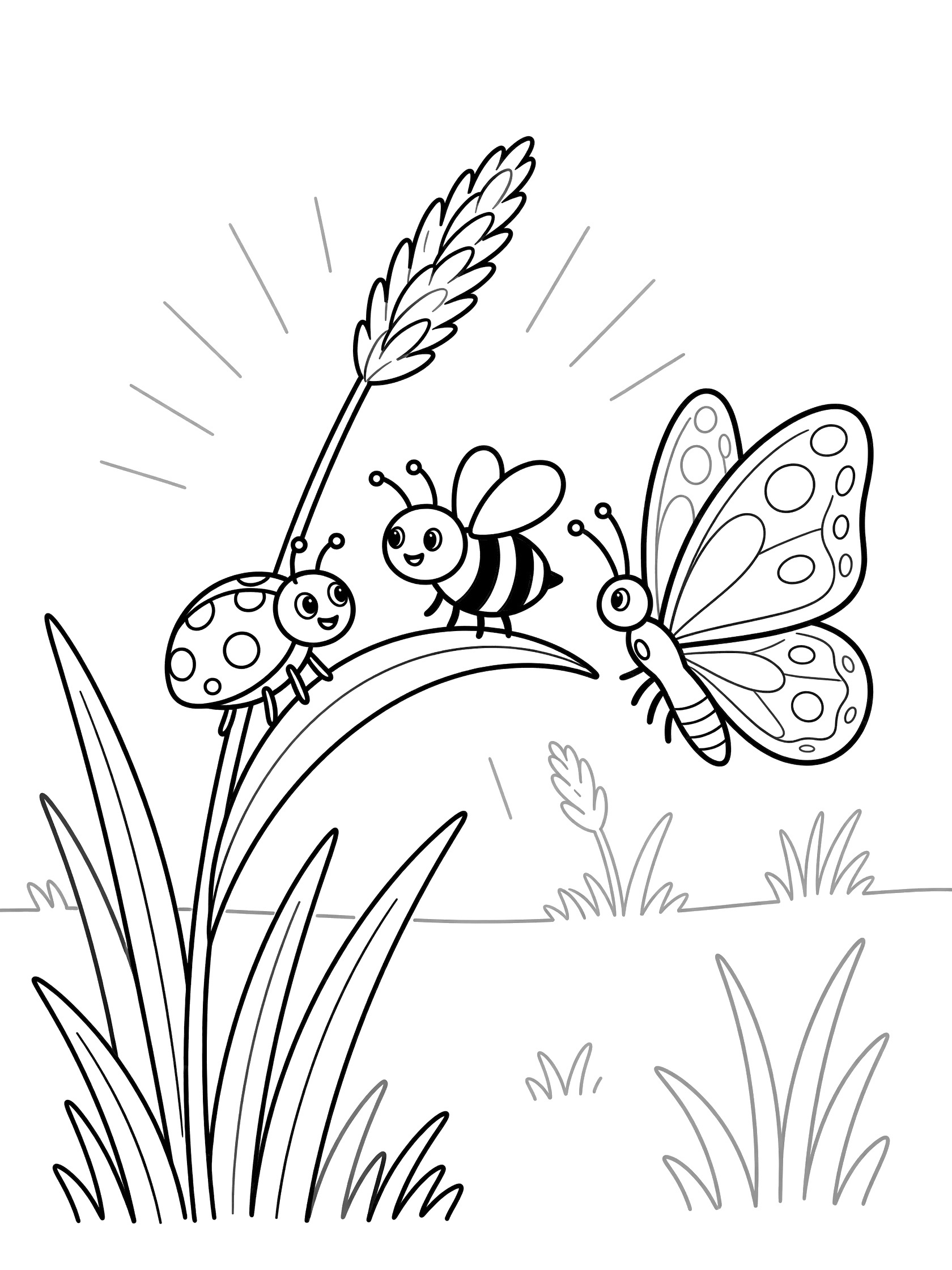 Black and white line art coloring page showing a ladybug, bee, and butterfly sitting on a tall wheat stalk with grass around them.