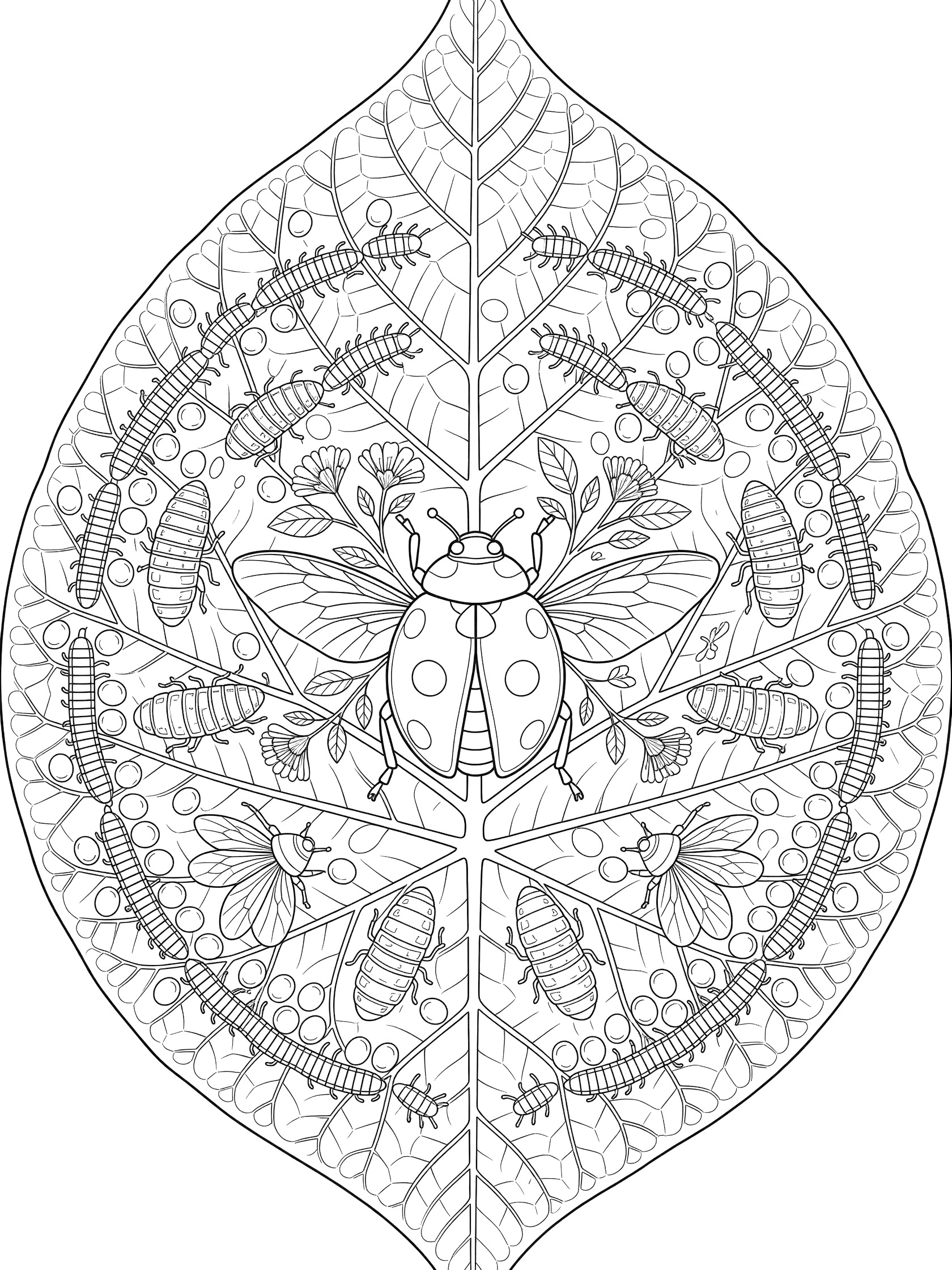Black and white line art coloring page of ladybug life cycle stages on a symmetrical leaf: outer eggs hatching to larvae, middle pupae, center spotted adult ladybug with wings spread.