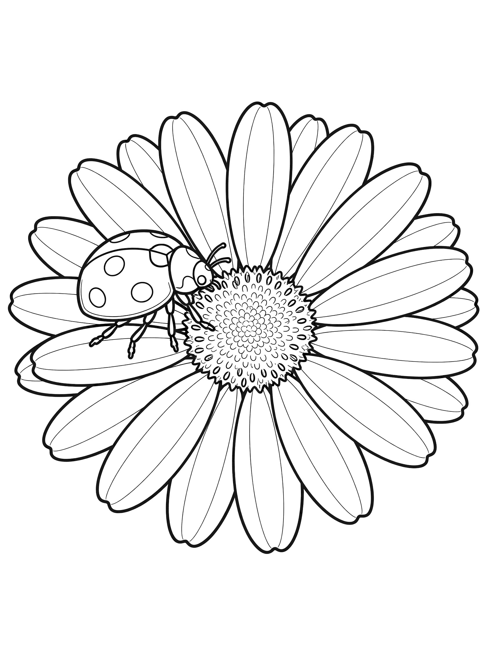 Black and white line drawing of a ladybug clinging to a daisy flower with wide petals and detailed center for kids coloring page