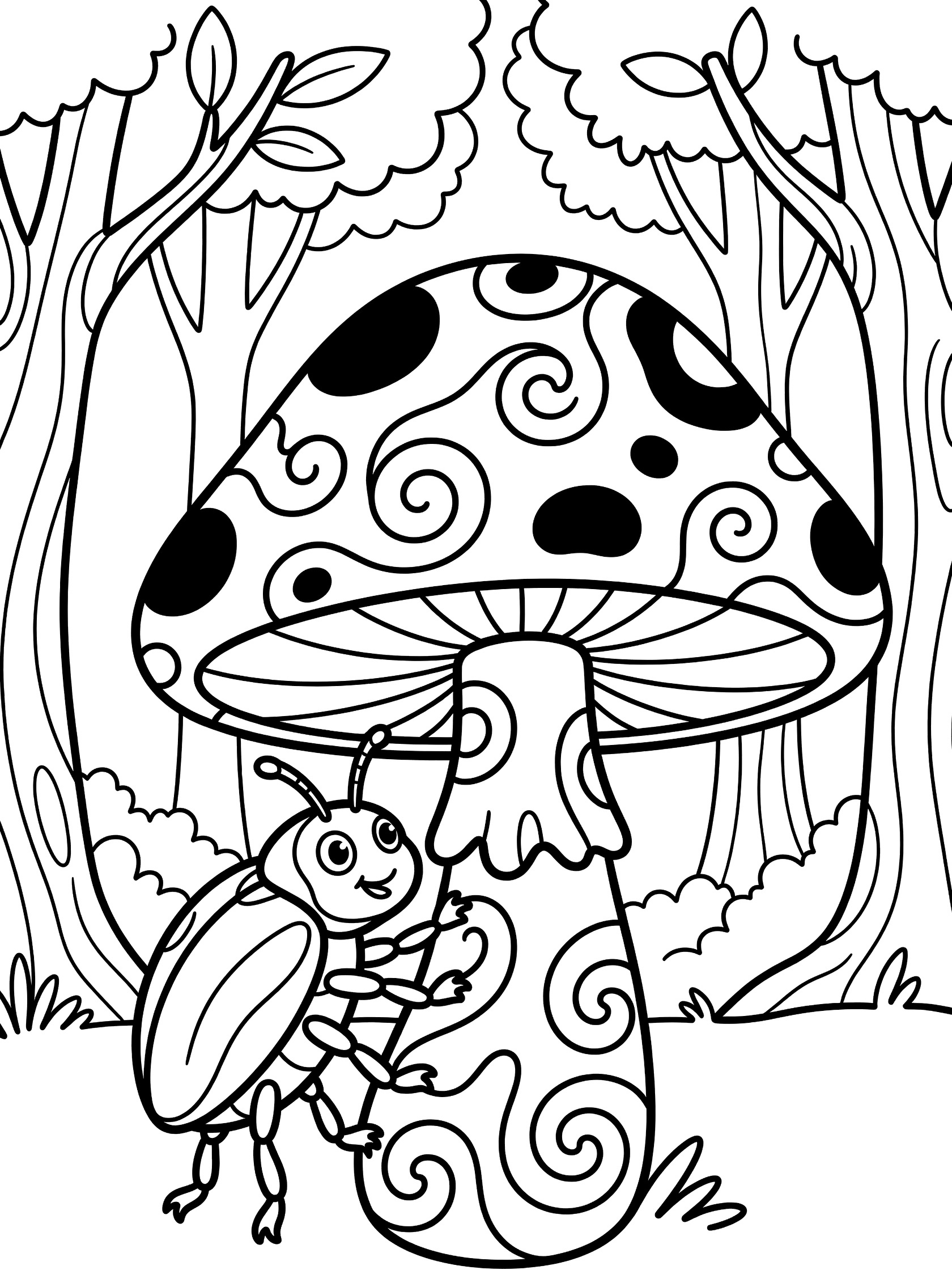 Black and white line art coloring page showing a ladybug climbing onto a large spotted mushroom with swirly patterns in a forest with trees. Beetle themed black and white printable line art
