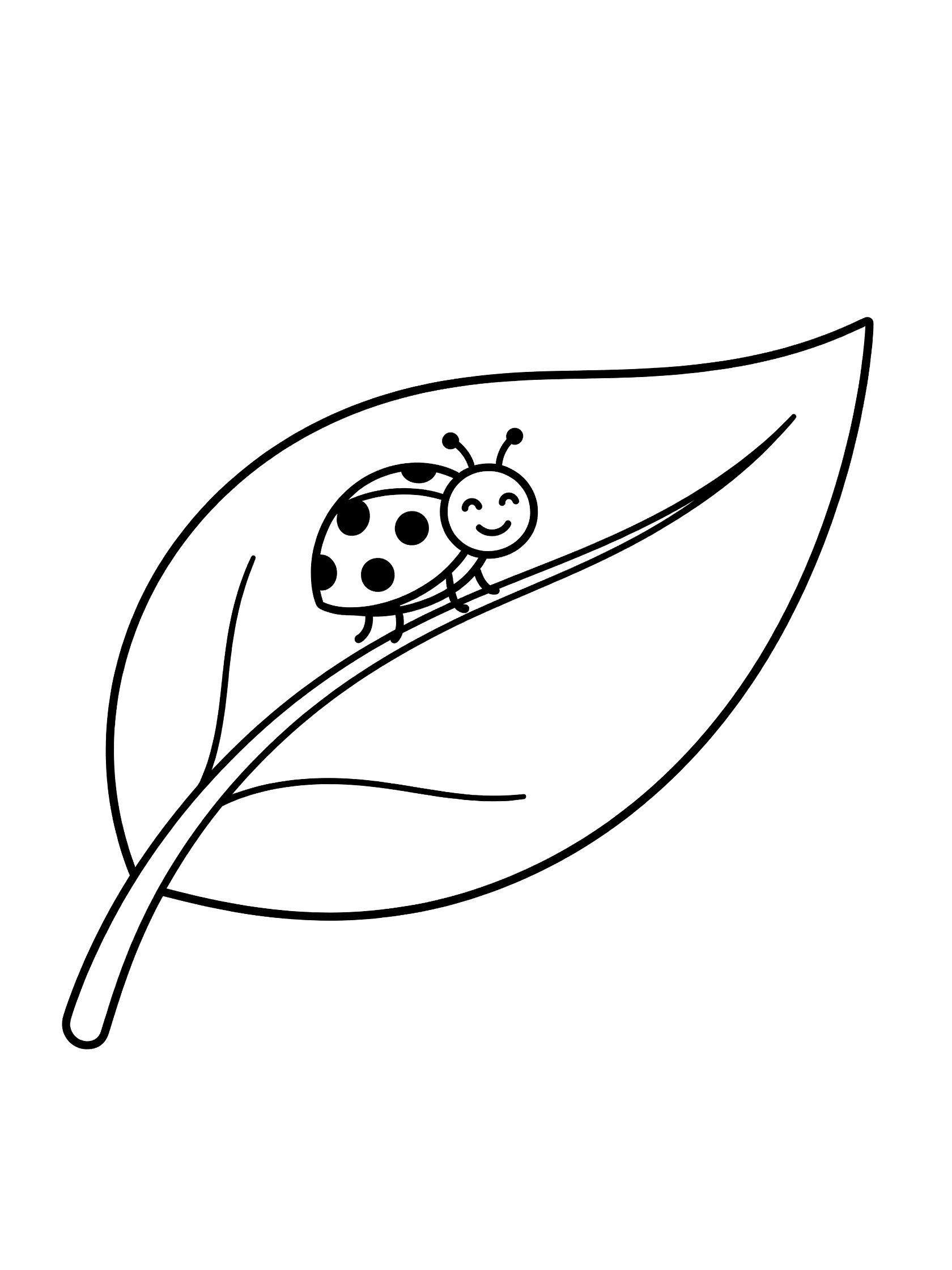 Printable coloring page showing a happy ladybug with spots and smile sitting on a curved leaf with veins, black line art on white background