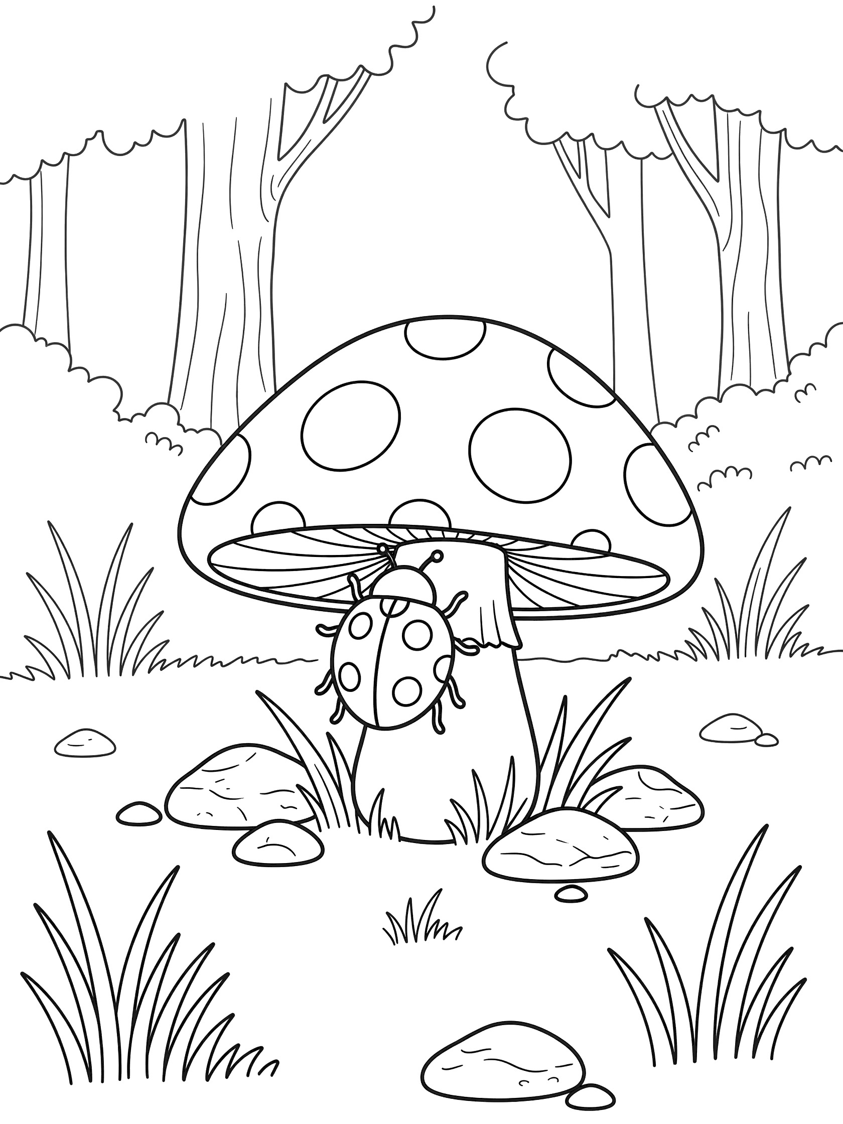 Black and white line art coloring page showing a ladybug hiding under a large spotted mushroom cap surrounded by grass, pebbles, and forest trees.