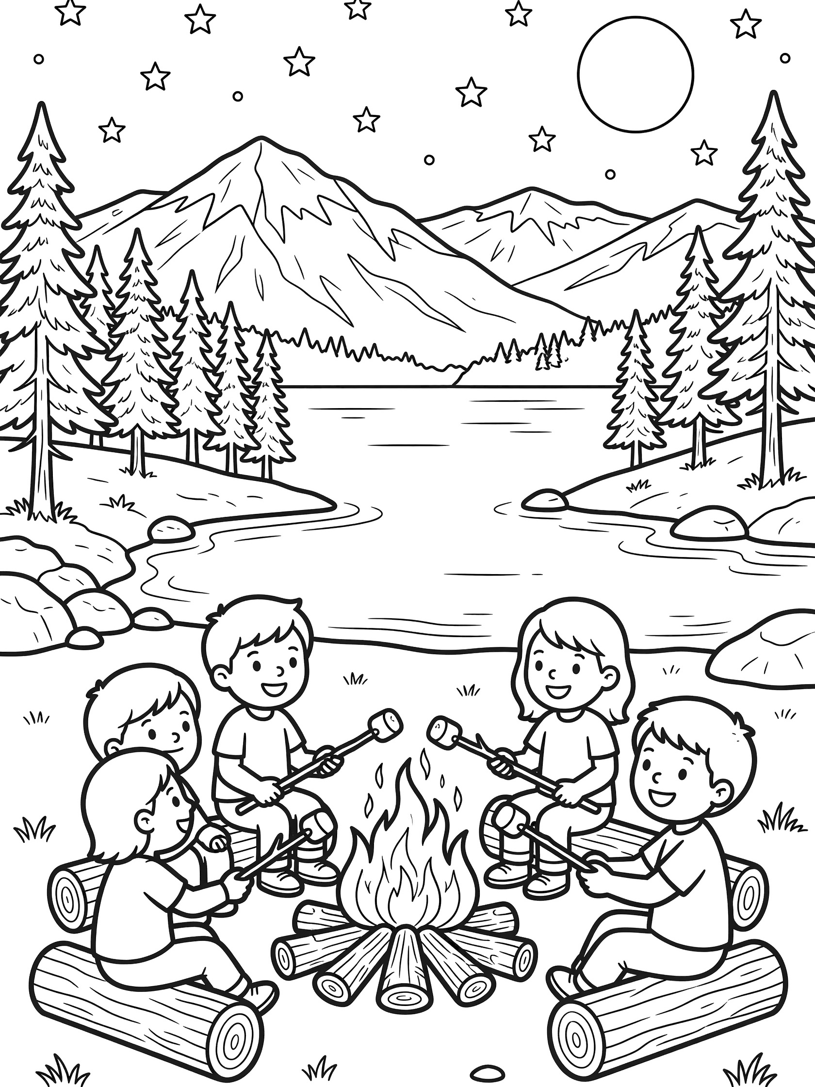 Black and white printable coloring page showing happy children around a campfire at Lake Tahoe, roasting marshmallows with flames, logs, calm lake waves, pine trees, rocks, starry night sky, full moon and mountains.