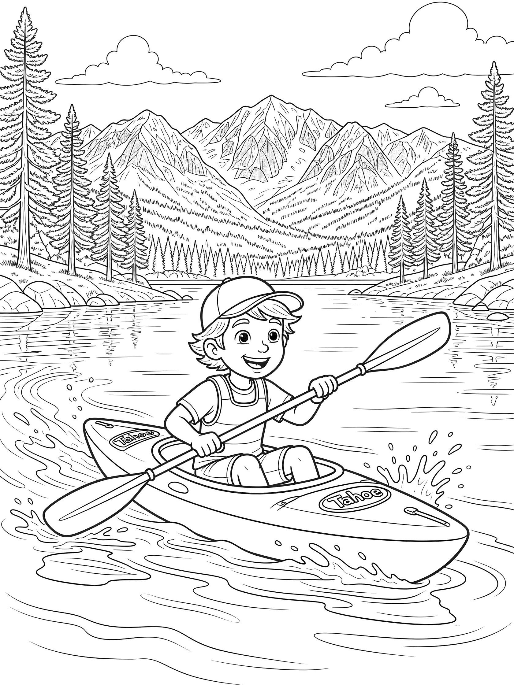 Cute cartoon boy paddling a kayak across Lake Tahoe with mountains, pine trees, waves, and clouds in a printable coloring page
