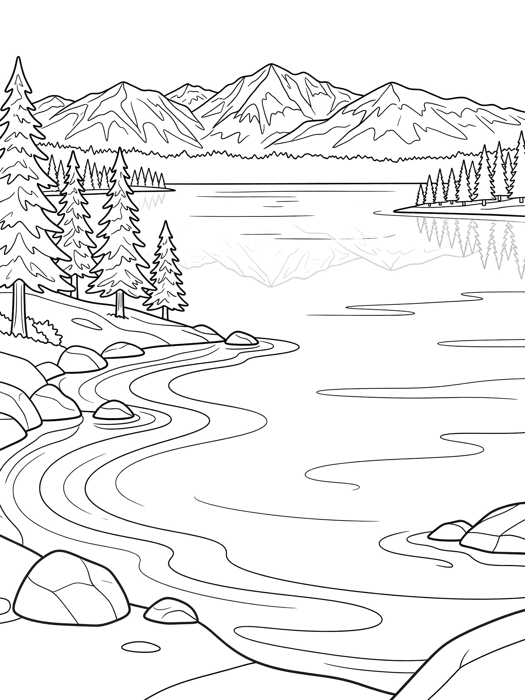 Black and white line art coloring page of Lake Tahoe showing gentle waves on the lake, rocky shore with pine trees in front, calm water, and tall snow-capped mountains reflected in the background.