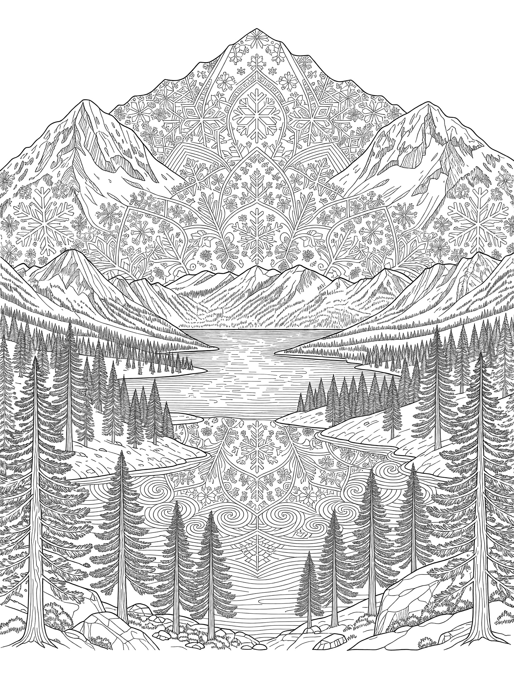 Black and white line art coloring page of Lake Tahoe with symmetrical snowy peaks, central lake, pine trees on rocky shores, and mandala-style patterns.