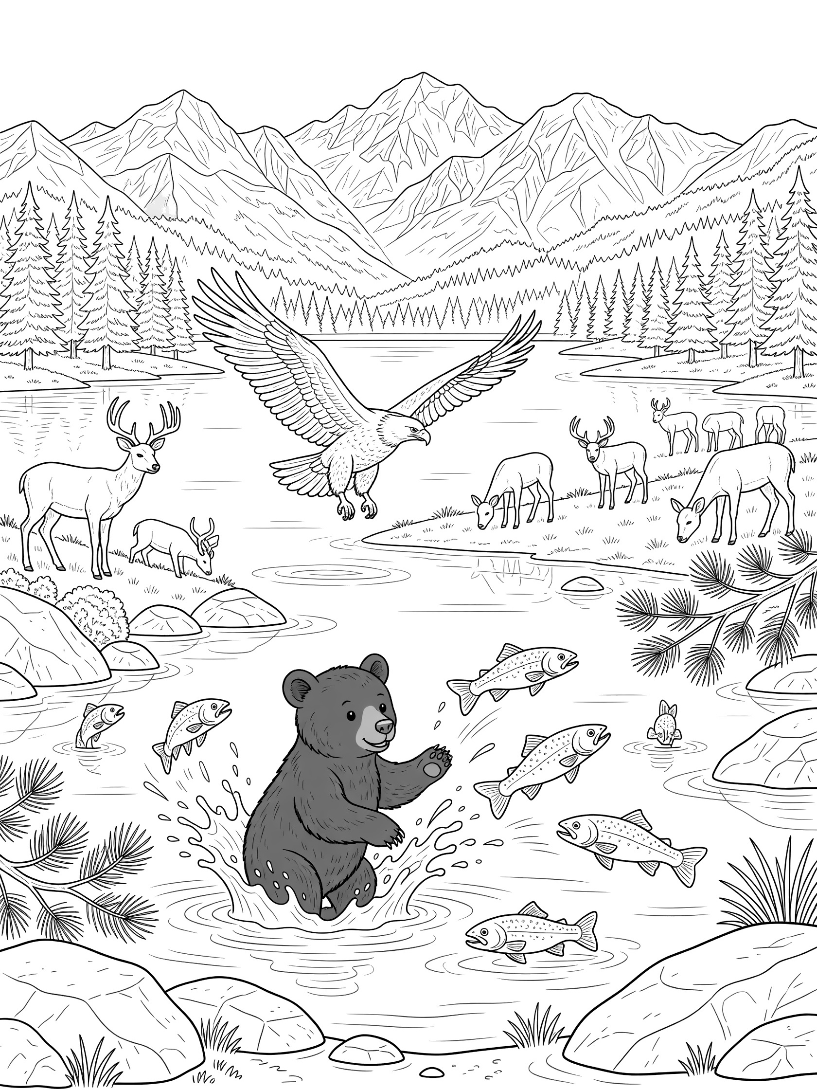 Lake Tahoe coloring page with playful bear cub chasing trout in the lake, eagle flying over deer on the shore, granite rocks, pine branches and Sierra Nevada mountains in the background