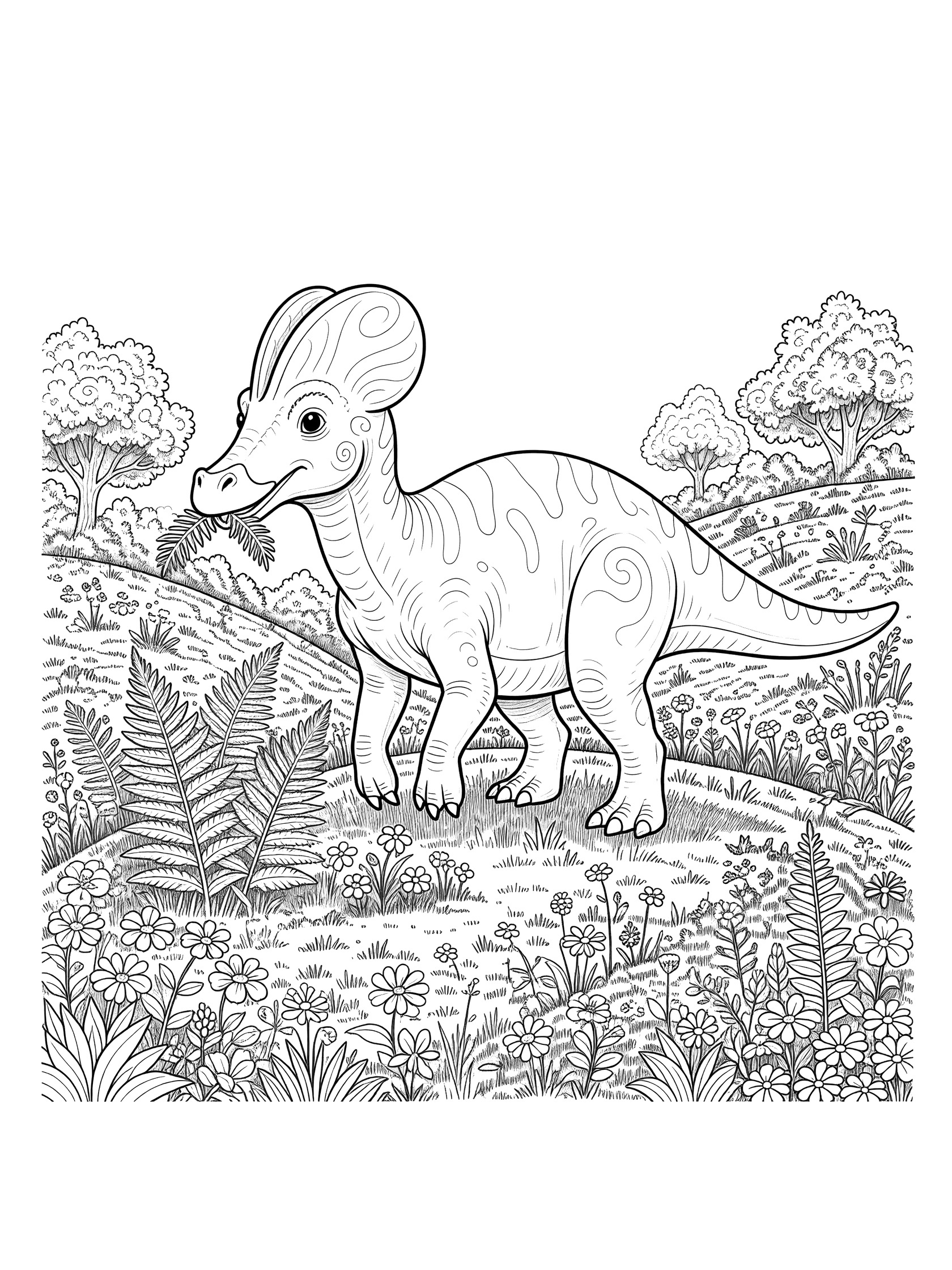 Whimsical line art coloring page showing a Lambeosaurus with curved crest standing on a meadow hill, munching ferns near wildflowers and grass