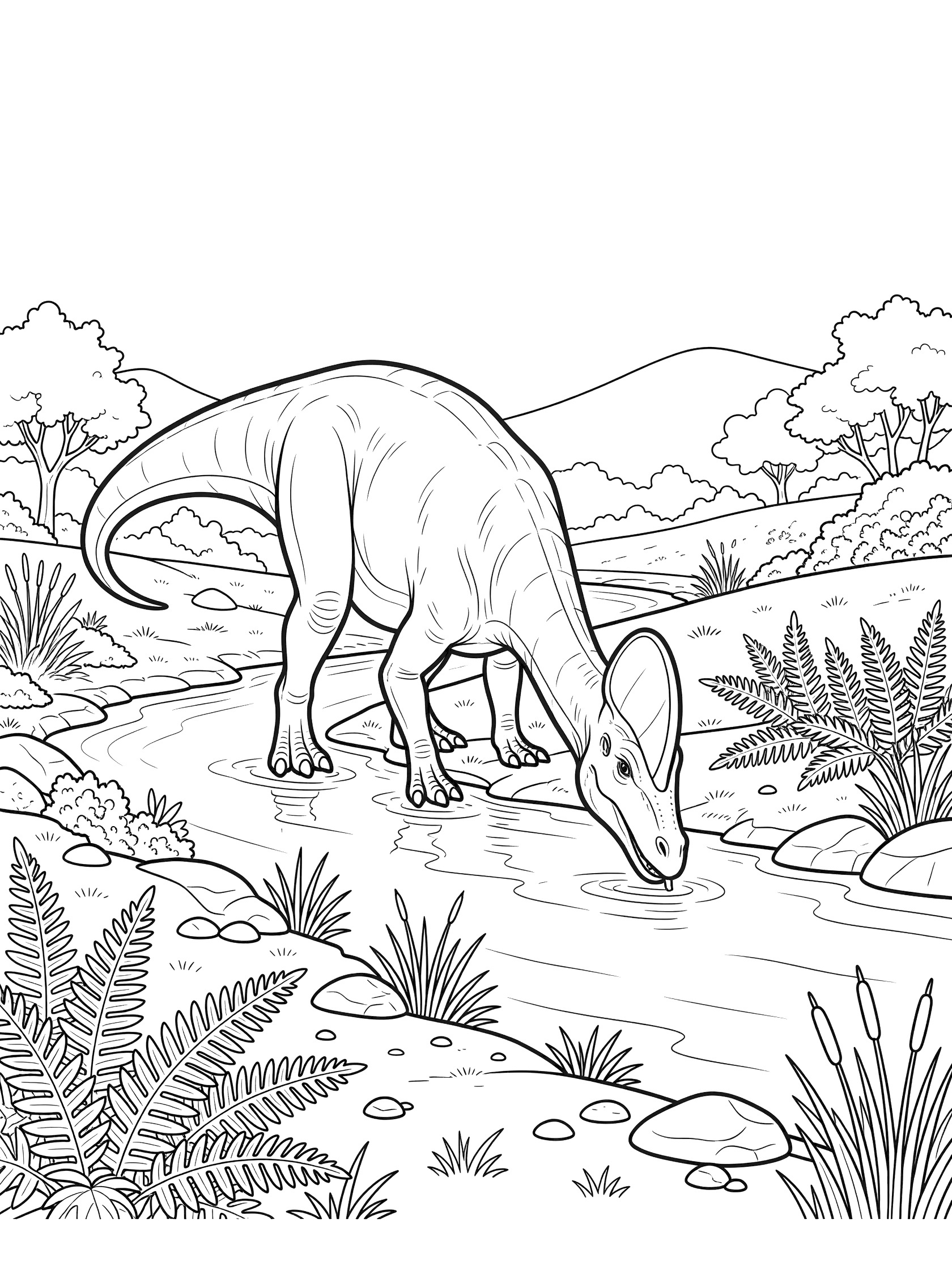 Black and white line art of Lambeosaurus with tall head crest drinking at a river, surrounded by ferns, reeds, rocks, and distant hills.