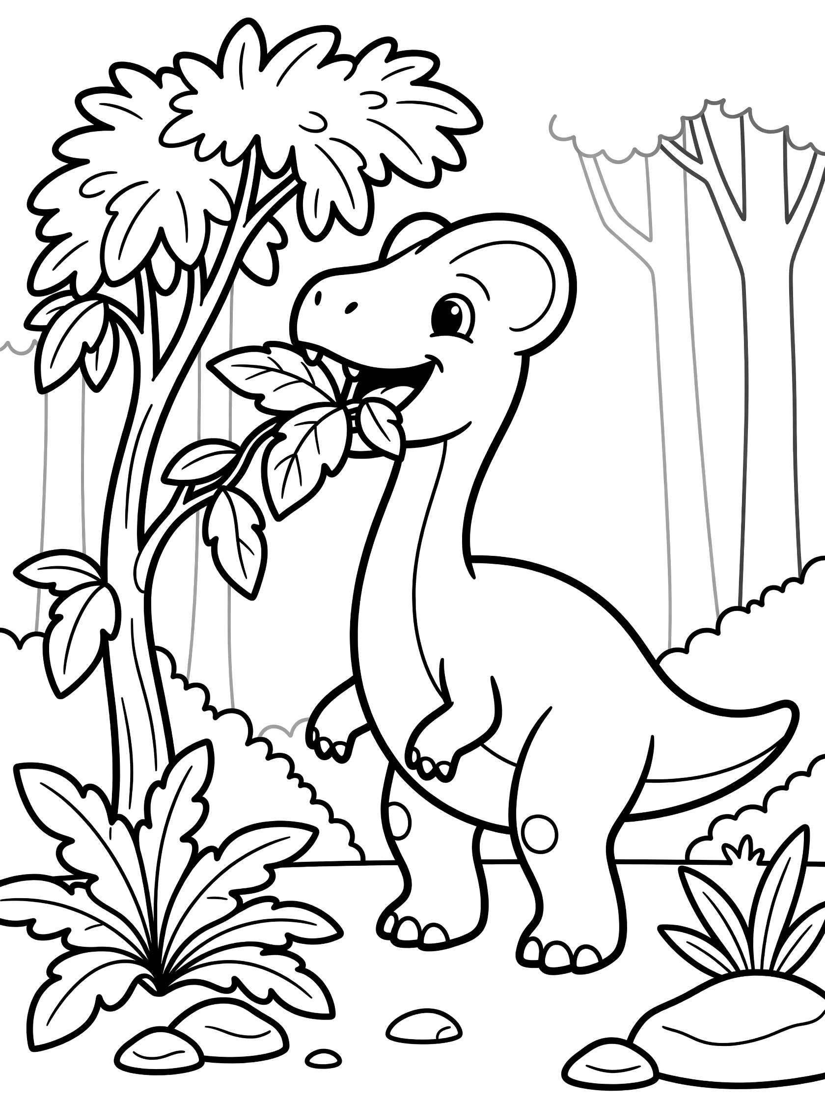 Cute cartoon Lambeosaurus dinosaur standing on two legs eating big leaves from a bushy plant, with ferns, rocks, and forest trees in the background.