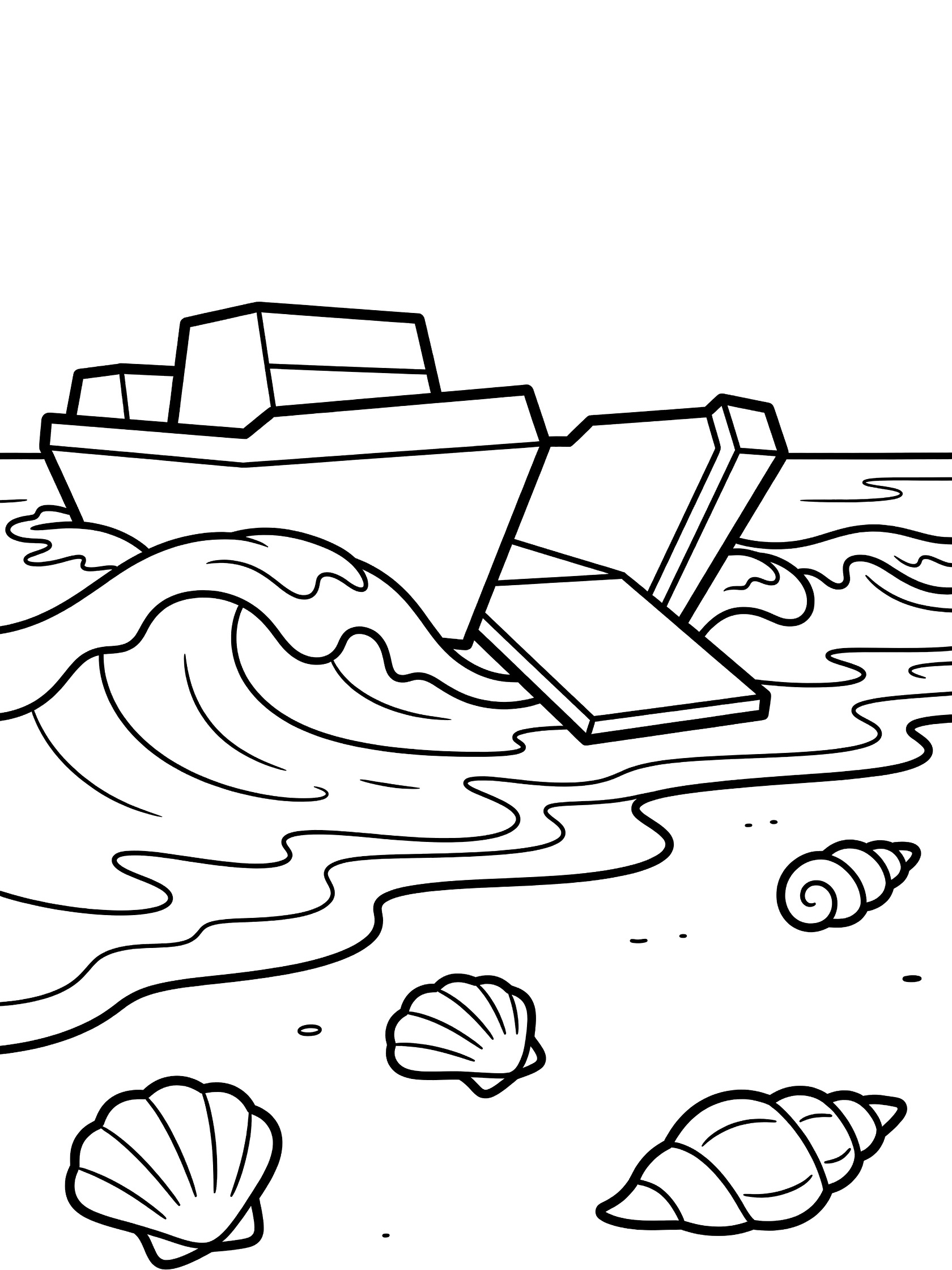 Black and white line art coloring page showing a sturdy landing craft boat surging through ocean waves toward a sandy beach scattered with seashells. Front ramp is lowered.